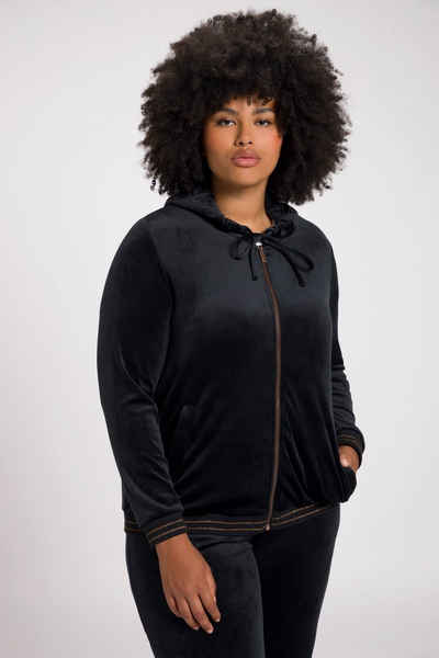 Ulla Popken Sweatjacke Samt-Sweatjacke Tulpen Kapuze Glitzerdetails