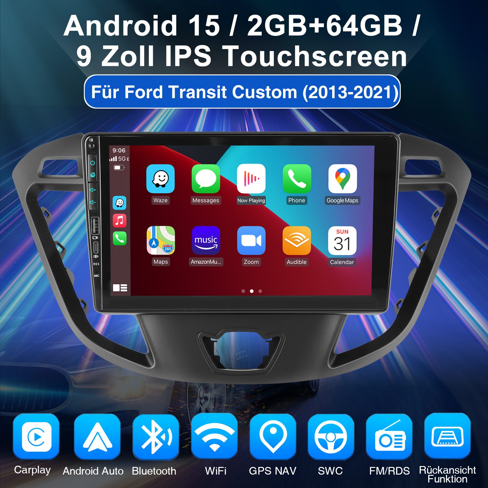 ESSGOO 64G DAB+ Android 15 Carplay Für Ford Transit Custom 2013-2021 GPS WIFI Autoradio (RDS, 4+64GB(optional), Digitalradio (DAB), FM, AM, Carplay Android Auto Bluetooth EQ USB GPS Navi WIFI Touchscreen)