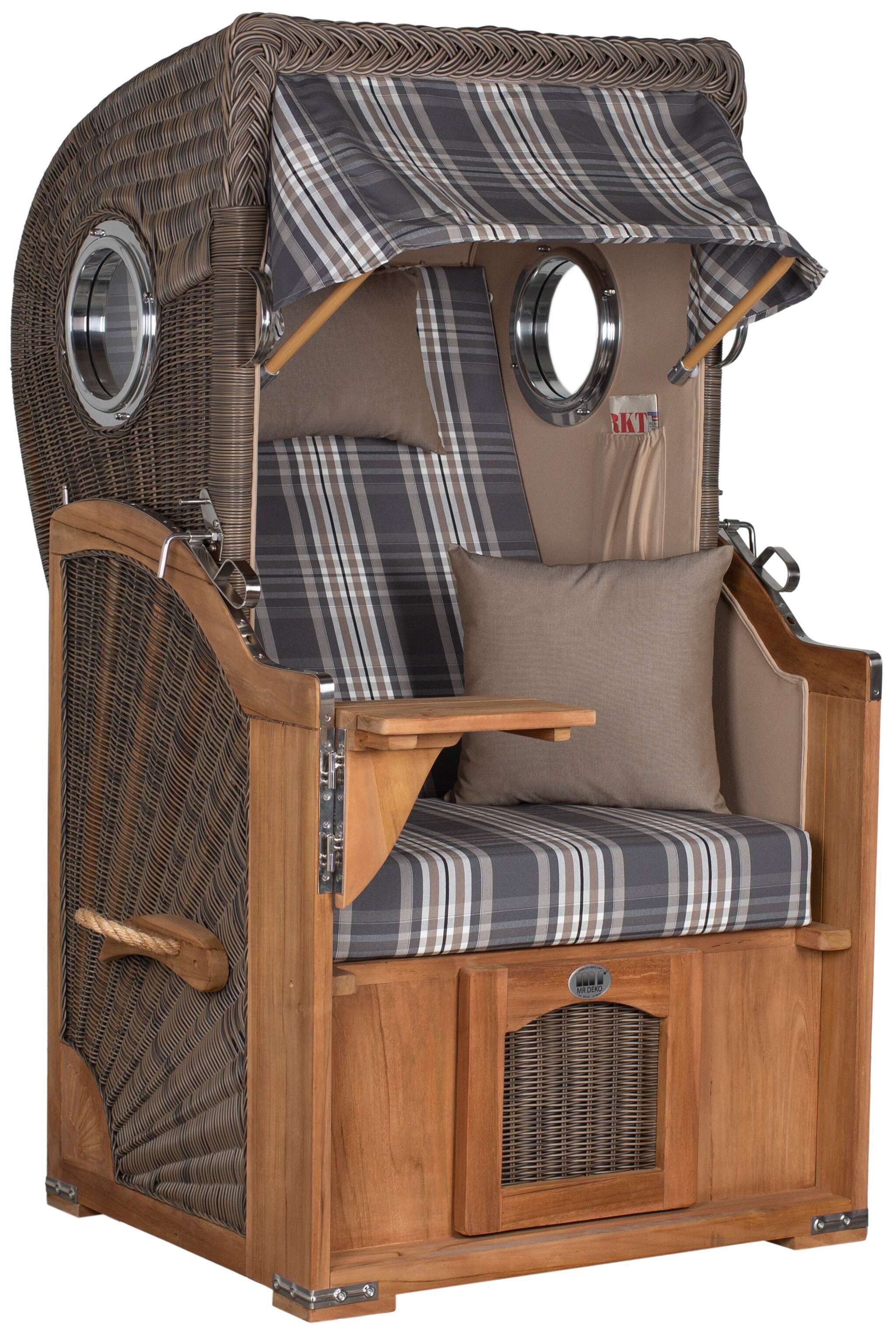 MR.DEKO Strandkorb Düne Single 1-Sitzer Bullauge Teak PE-Geflecht Grey 96x165x80, BxTxH: 96x80x165 cm, Vollieger, Düne Single, (Fertig montierter Strandkorb für Garten, Terrasse & Balkon, 1-tlg), Wetterfester Volllieger mit Edelstahlbeschlägen & waschbaren Polstern