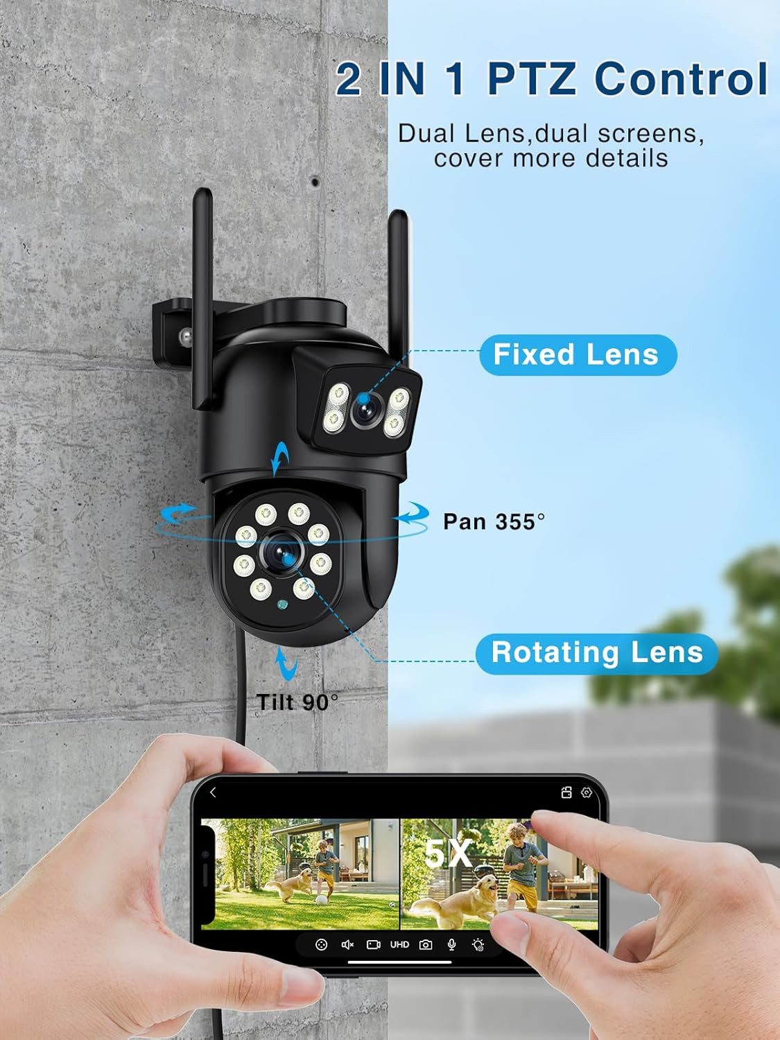 Athlix Überwachungskamera 4K 8MP HD Wifi Kamera Außen Dual Lens Video Audio Überwachung (Infrarot Nachts, KI Menschenerkennung, Mikrofon + Lautsprecher)