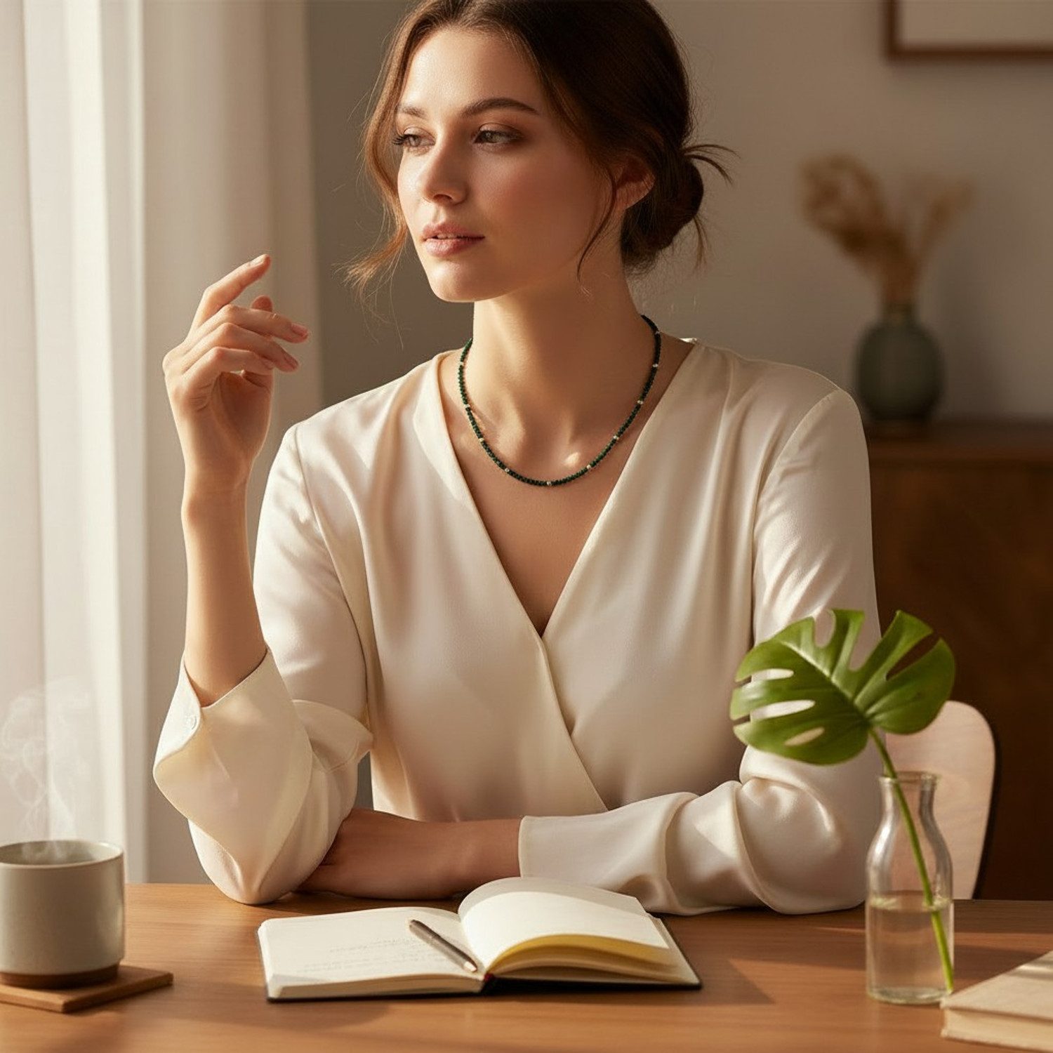 KARMA Kette ohne Anhänger Halskette Damen Edelstein Malachit Grün Gold 38 cm (Geschenk Edelsteinschmuck Perlenkette, 1-tlg., Edelstahl vergoldet wasserfest hypoallergen), Damenkette modern Edelsteinkette Schmuck