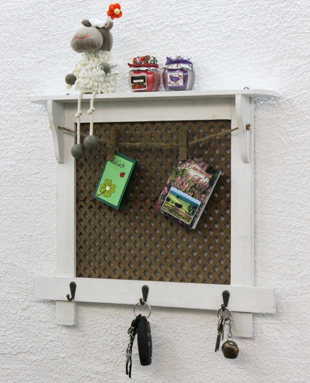 DanDiBo Pinnwand Wandorganizer Vintage Schlüsselbrett Holz mit Ablage Memoboard 12047, Weiß Schlüsselboard Briefablage Schlüsselkasten Shabby Chic
