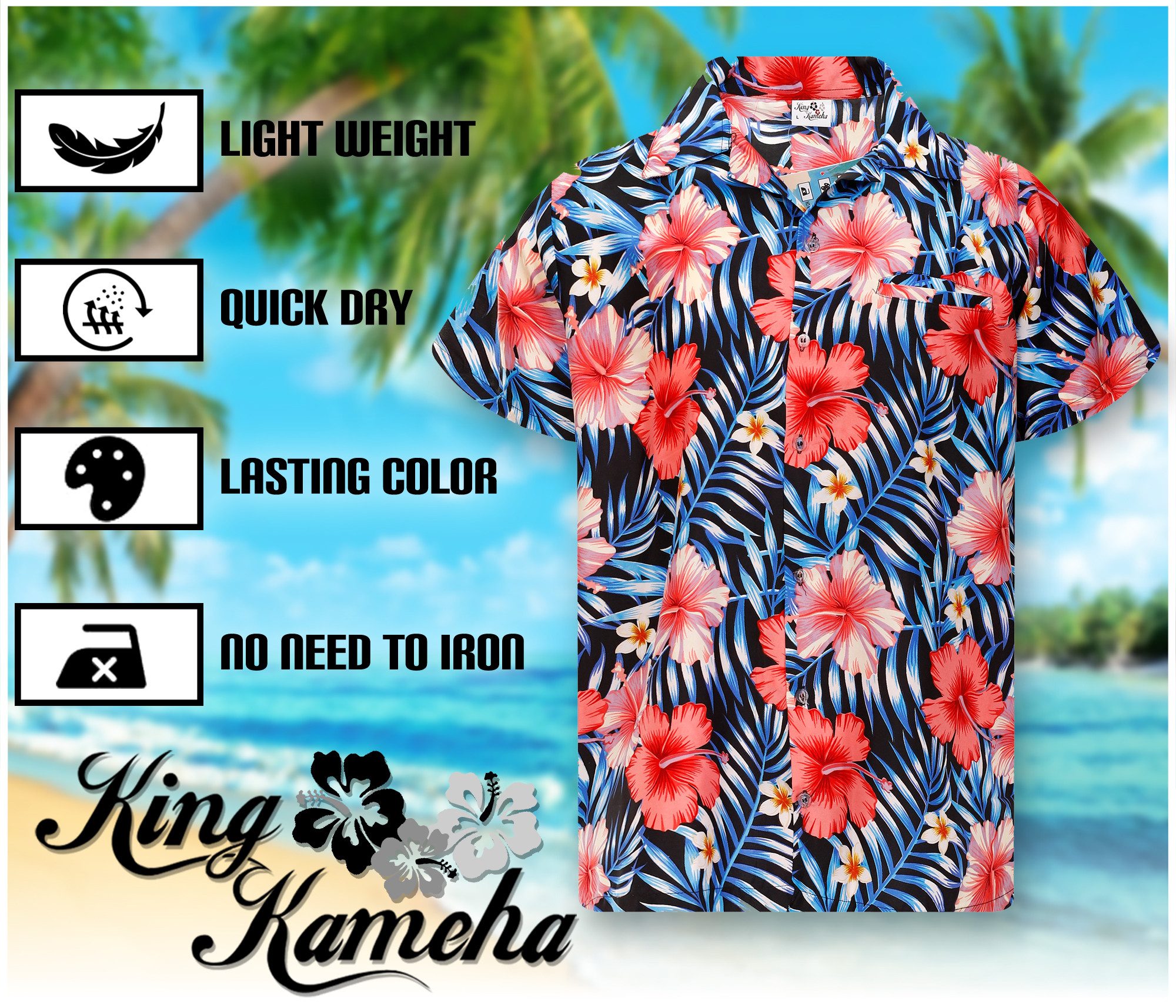 King Kameha Hawaiihemd Tropical Hibiscus Funky Hawaii-Hemd Kurzarm Front-Tasche Unisex – Bild 5 von 5