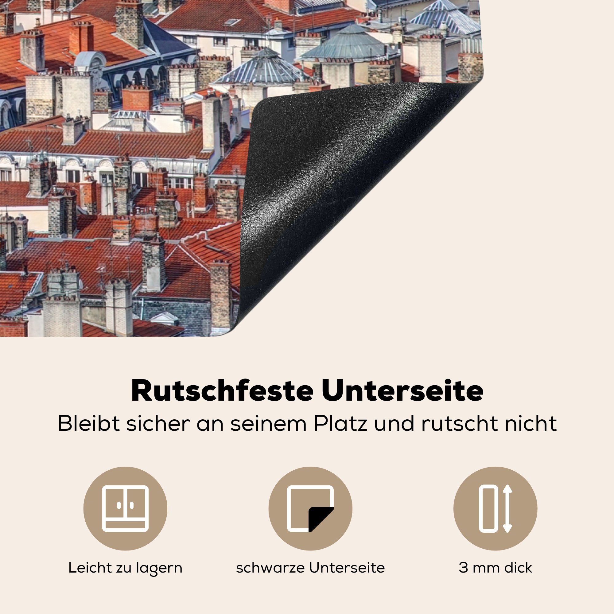 MuchoWow Herdblende-/Abdeckplatte Die tlg), Lyon Stadt Ceranfeldabdeckung für die der Dächer in schönen küche, (1 roten 81x52 Schutz Induktionskochfeld Vinyl, cm, Frankreich