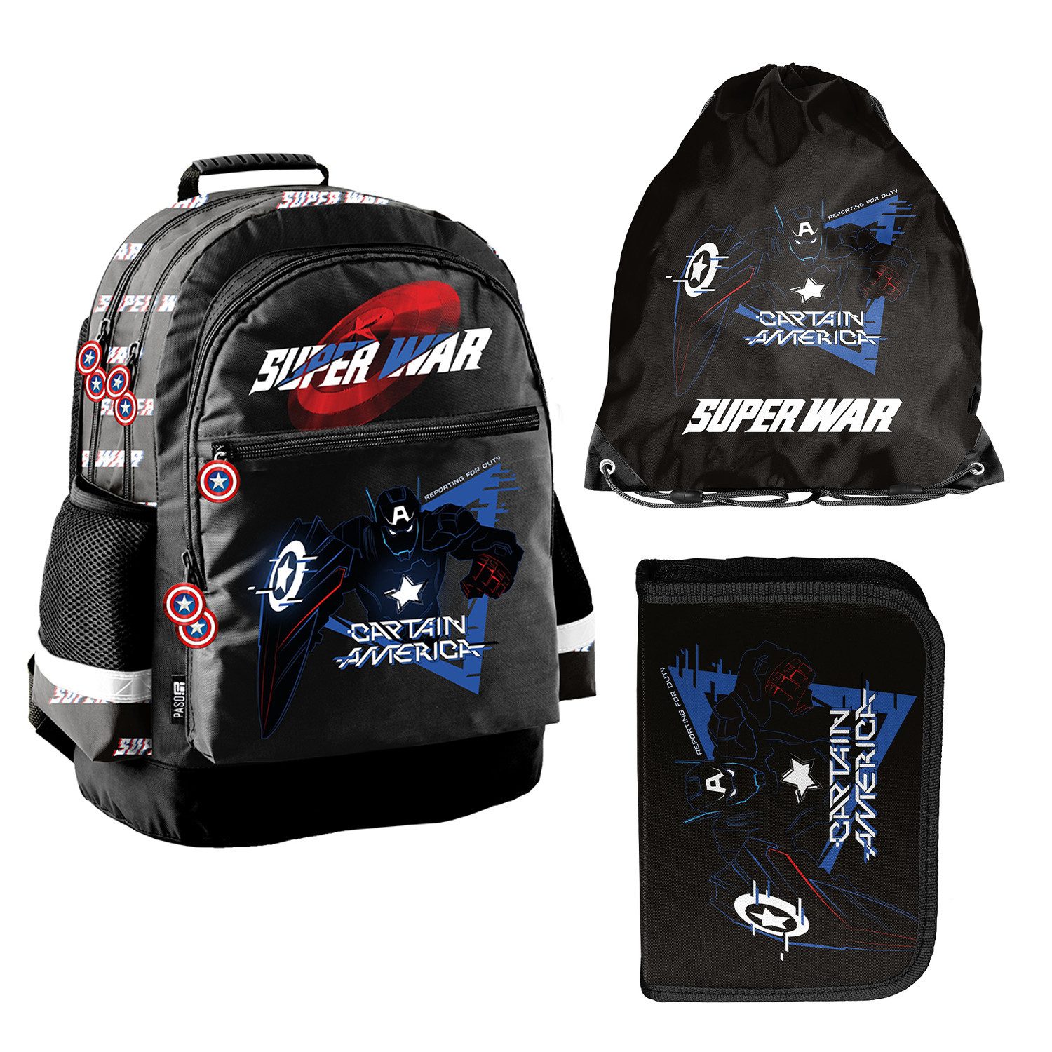 Schulrucksack Captain America Marvel Schulset: Rucksack, Federmäppchen, Tasche