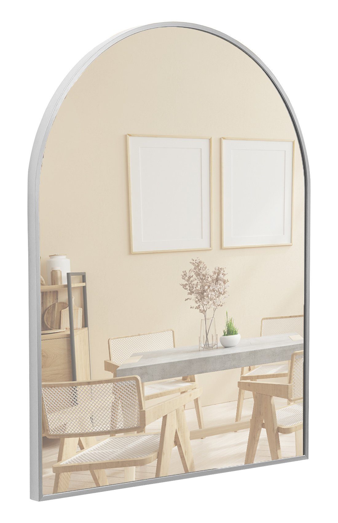 Terra Home Wandspiegel (Silber Spiegel Schminkspiegel, inklusive Schrauben und Dübel), Badezimmerspiegel Flurspiegel 60x80 Metallrahmen Bogenform silber | silber