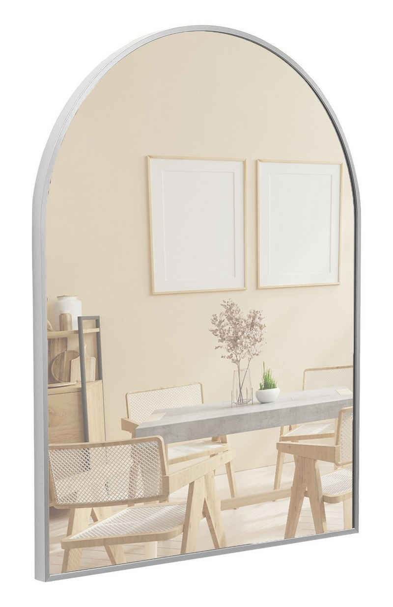 Terra Home Wandspiegel (Silber Spiegel Schminkspiegel, inklusive Schrauben und Dübel), Badezimmerspiegel Flurspiegel 60x80 Metallrahmen Bogenform