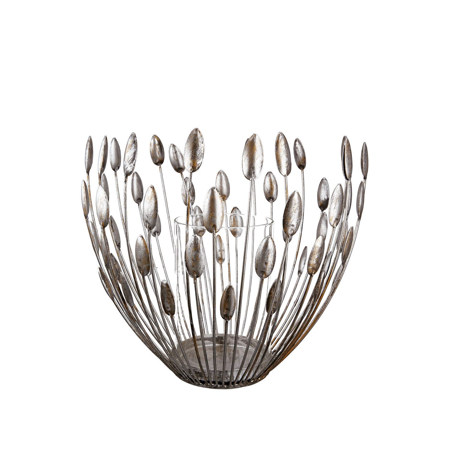 GILDE Windlicht Windlicht TREVI - silber - Metall - Höhe 27cm x Ø 30cm - Blattmotiv (1x Windlicht, Kerzenleuchter - Windlichthalter), Kerzenständer - Tischdeko - Teelichthalter