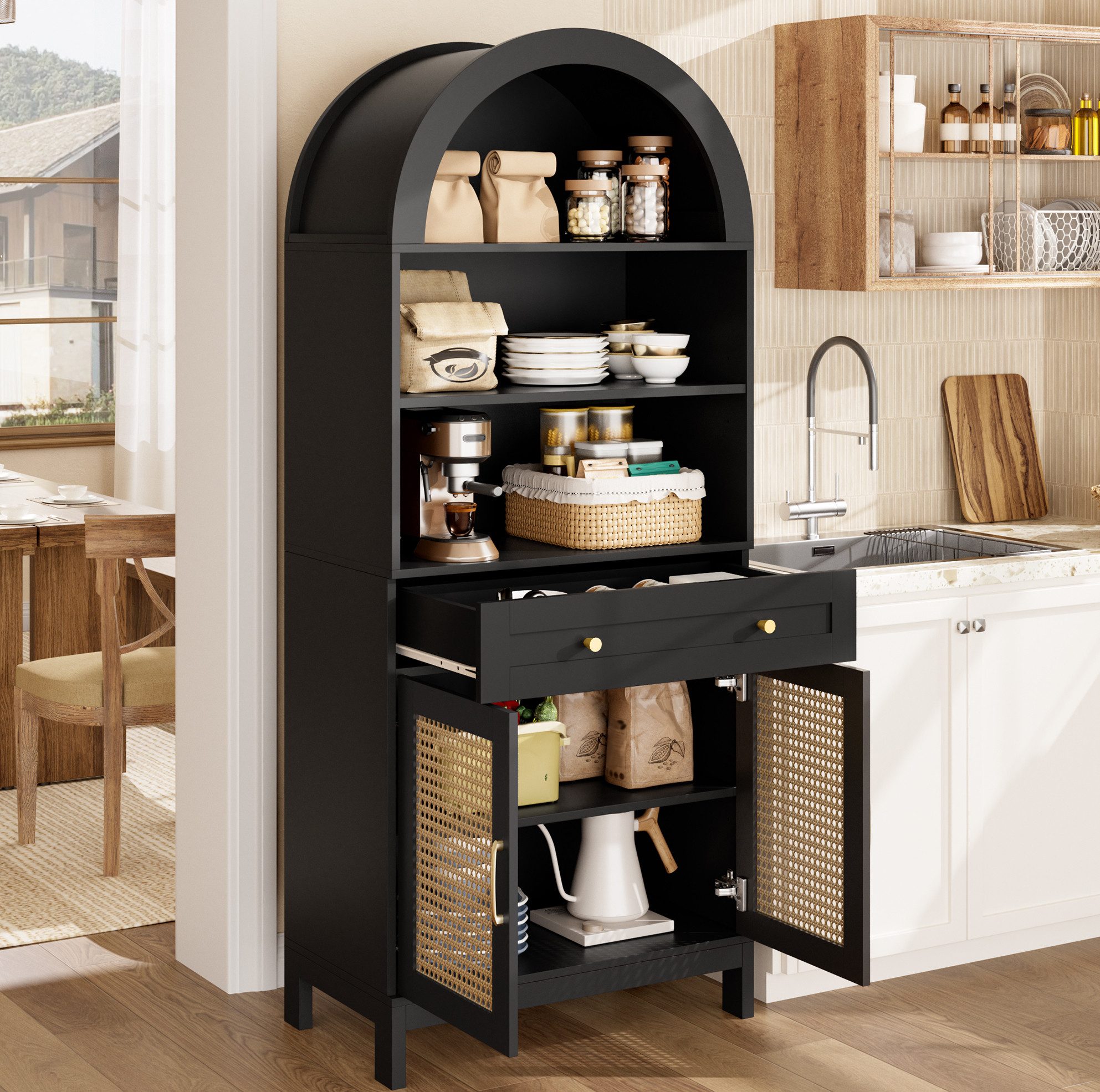 MODFU Stauraumvitrine Vitrinenschrank mit dekorativen Rattantüren, Aufbewahrungsschrank (mit flexiblem Stauraum, 3 offenen Fächern, 2 Türen und zusätzlicher Schublade 70×40×170 cm, Mehrzweckschrank Sideboard)