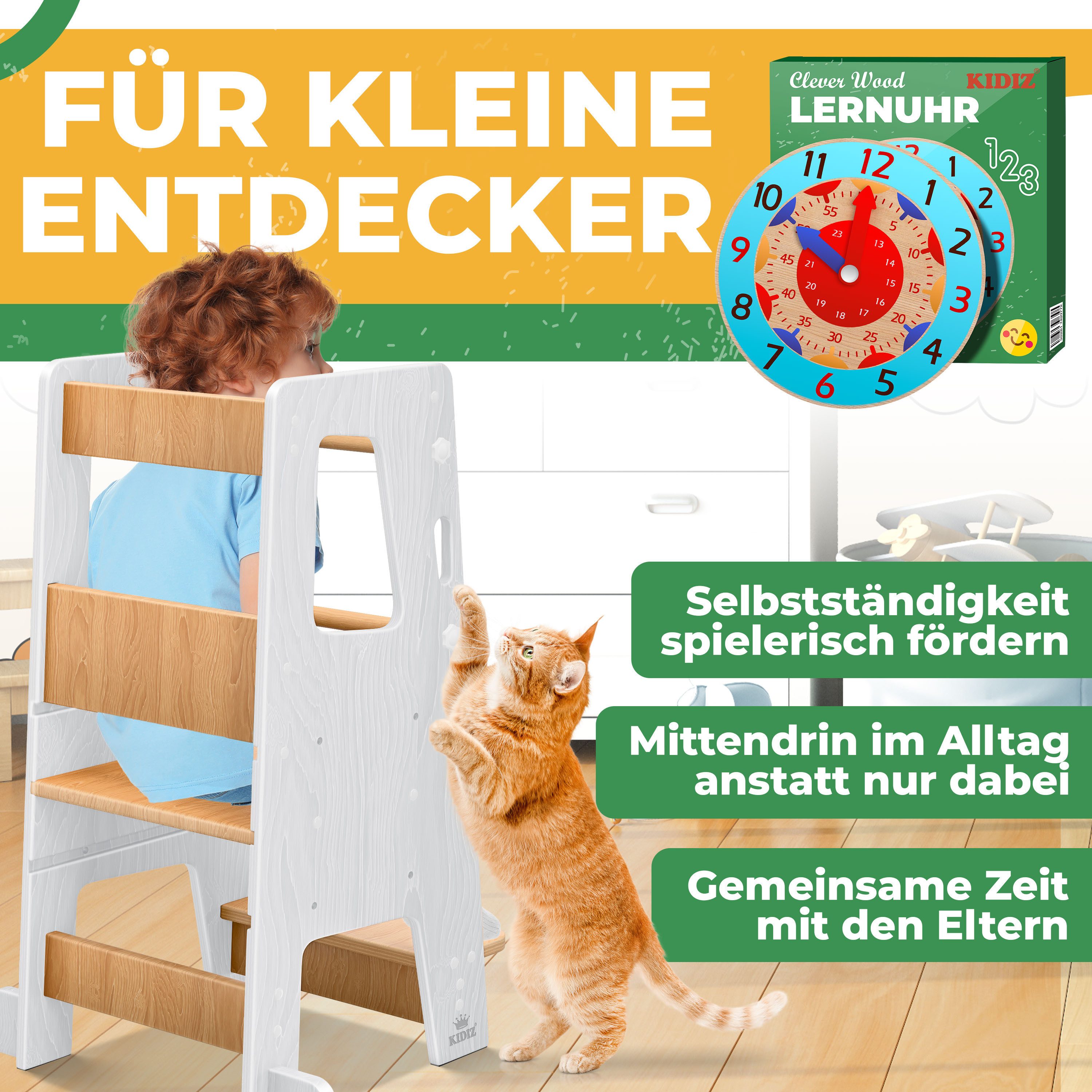 KIDIZ Stehhilfe (Tritthocker inklusive Lernuhr & abnehmbarer Anti-Kipp-Schutz), 3-stufig Höhenverstellbar, spielerisch motorische Fähigkeiten fördern