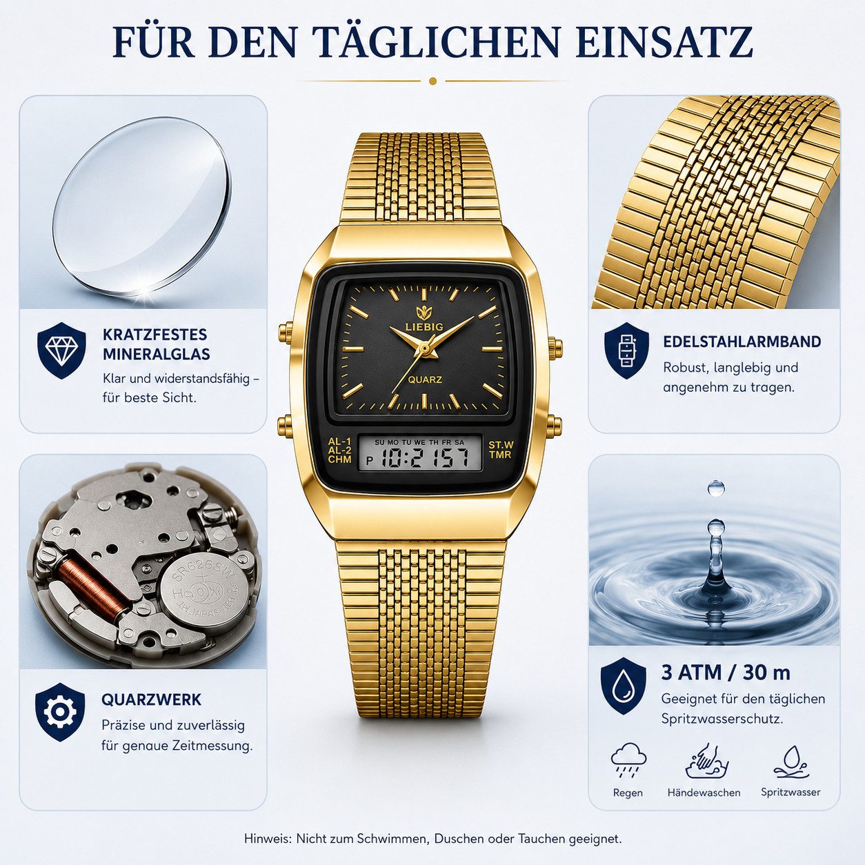 Forrlite Quarzuhr Herren Quarzuhr Analog & Digital, (Retro Armbanduhr mit Edelstahlarmband, Datum, Wochentag, Alarm, Stoppuhr), 12/24H Anzeige, 3 ATM Spritzwass – Bild 5 von 5