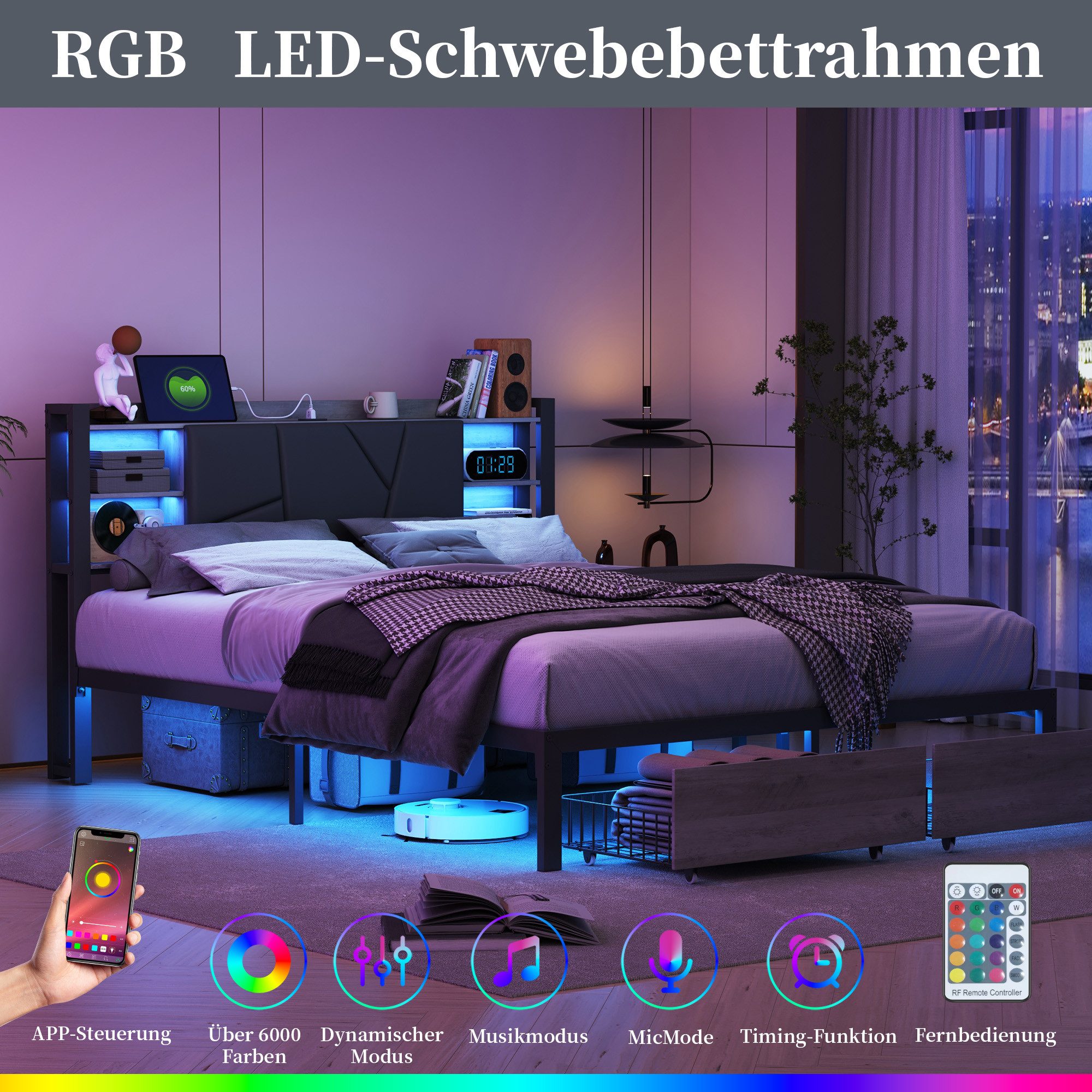 Simurq Jugendbett Metallbett Bettgestell 140x200 cm mit LED Beleuchtung und USB (Packung, 1-tlg., Metallrahmen Stabiler Bettrahmen), Doppelbett mit Schubladen Stauraum