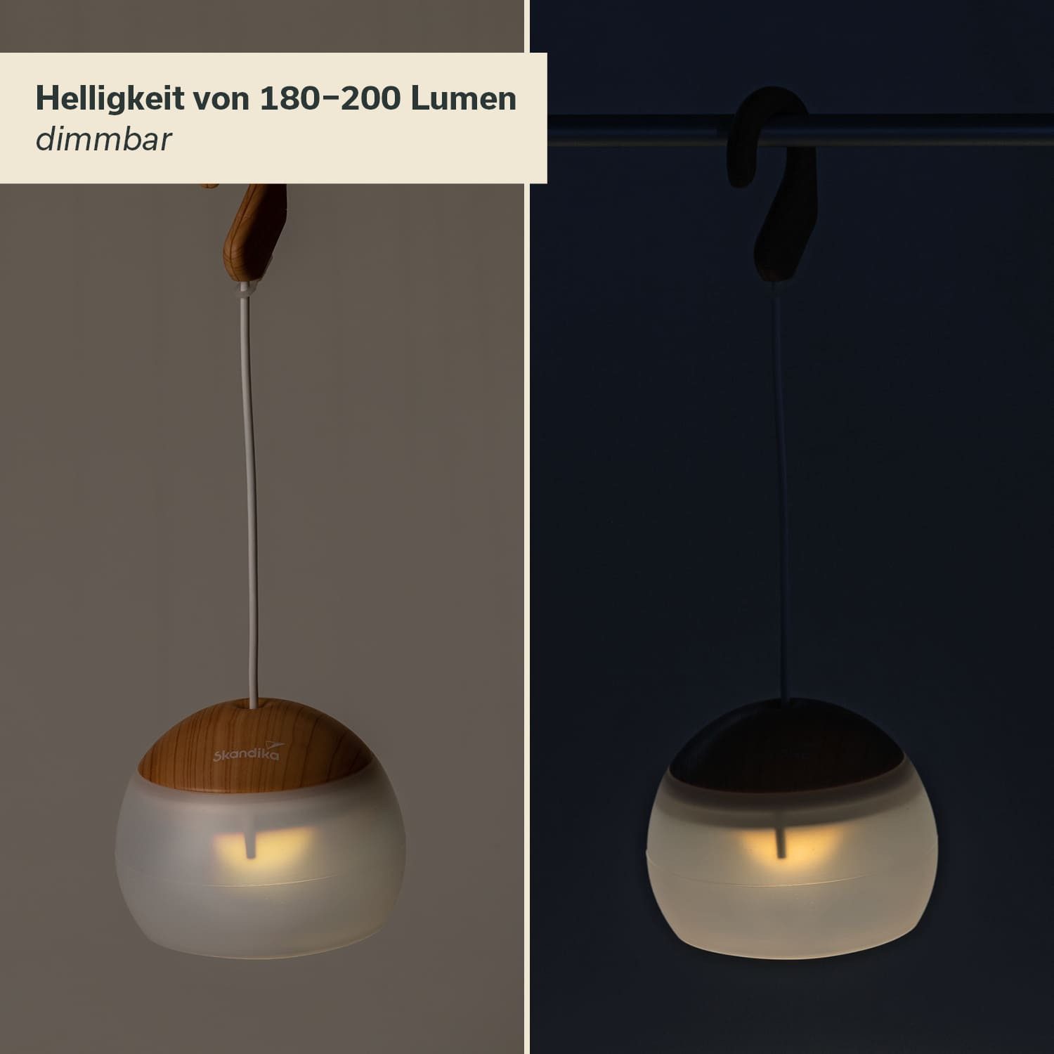 Skandika LED Gartenleuchte Campinglampe Tufjord, aufladbar, Zeltlampe, hängend, 3 Lichtmodi, 180 - 200 Lumen, 3000 K Warmweiß, Akku 2000 mAh, Micro-USB Anschluss