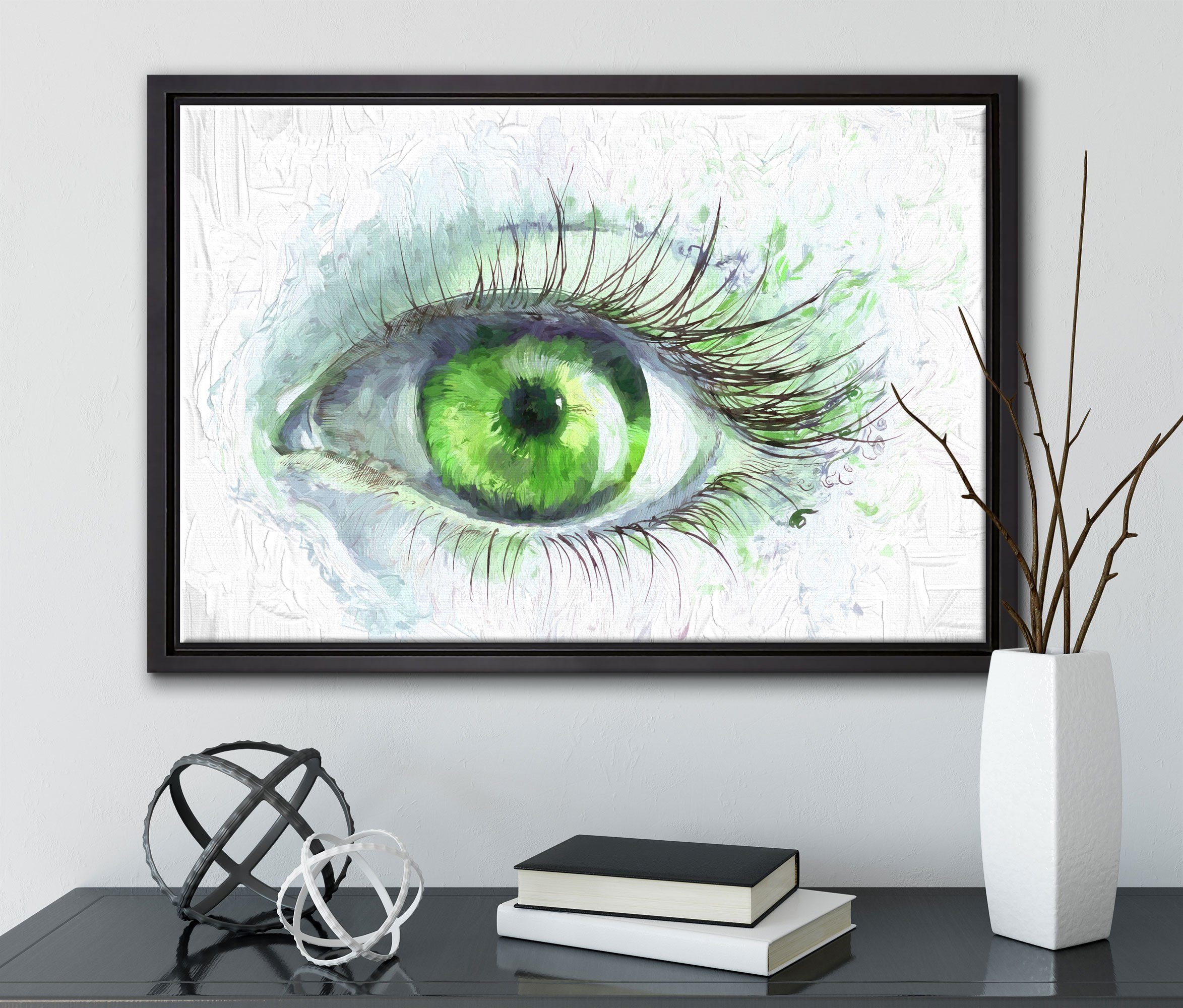Pixxprint Leinwandbild Grünes Auge, Zackenaufhänger inkl. Schattenfugen-Bilderrahmen gefasst, bespannt, einem (1 Leinwandbild fertig St), Wanddekoration in