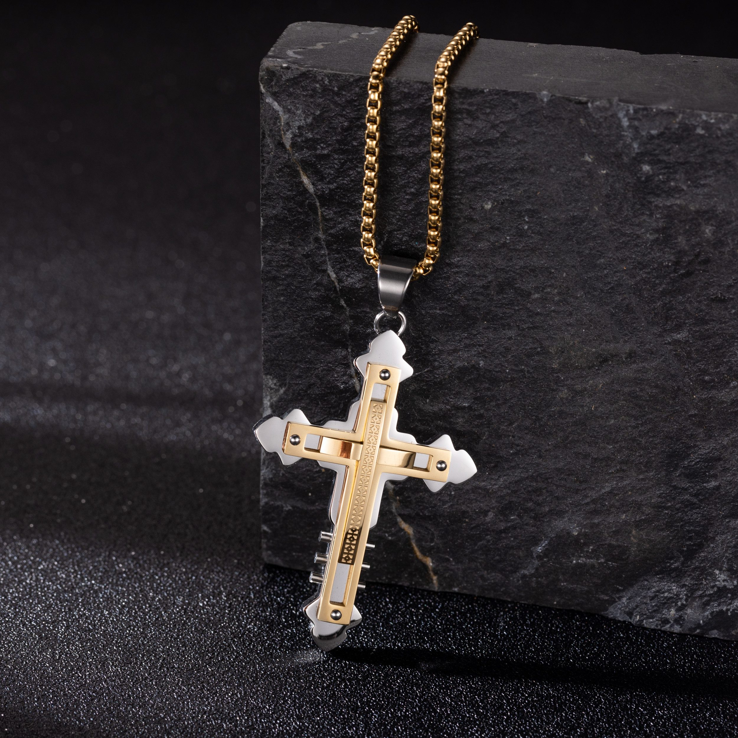 RAIKOU Kreuzkette KINGS CROSS Kreuzanhänger mit Edelstahlkette Silber/Schwrz/Gold, mit einer hübschen Schmuckbox
