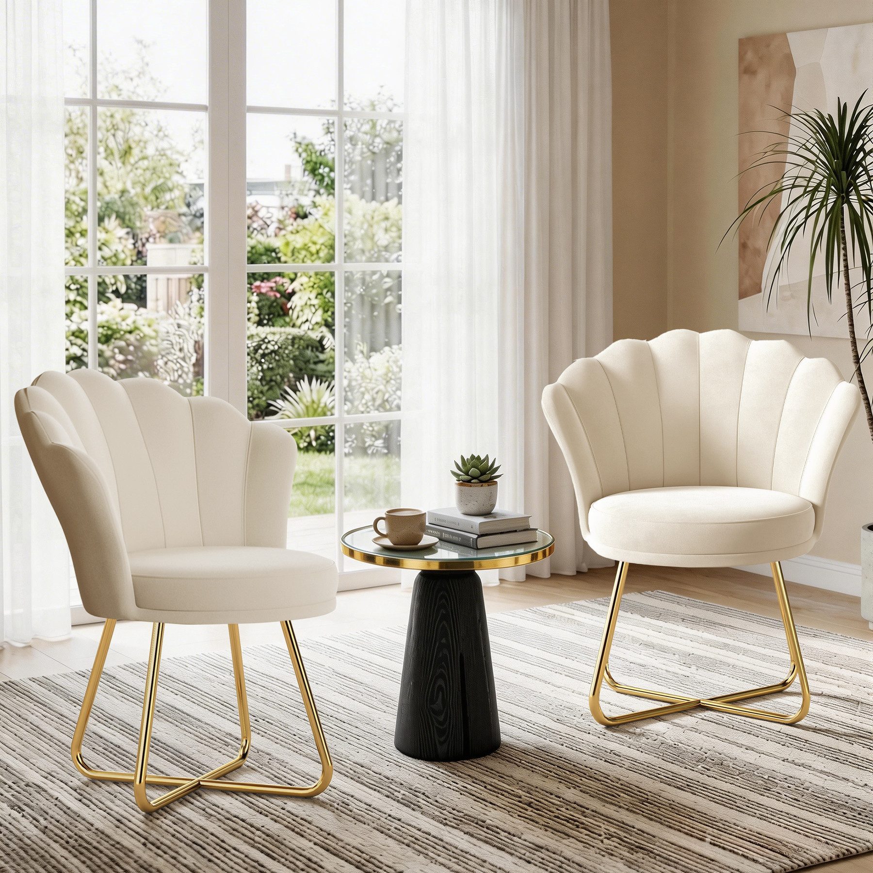 HawthyHome Polsterstuhl Polstersessel mit Blütenblatt-Rückenlehne & Goldene Metallbeine (2 St), ideal für Esszimmer & Schminktisch