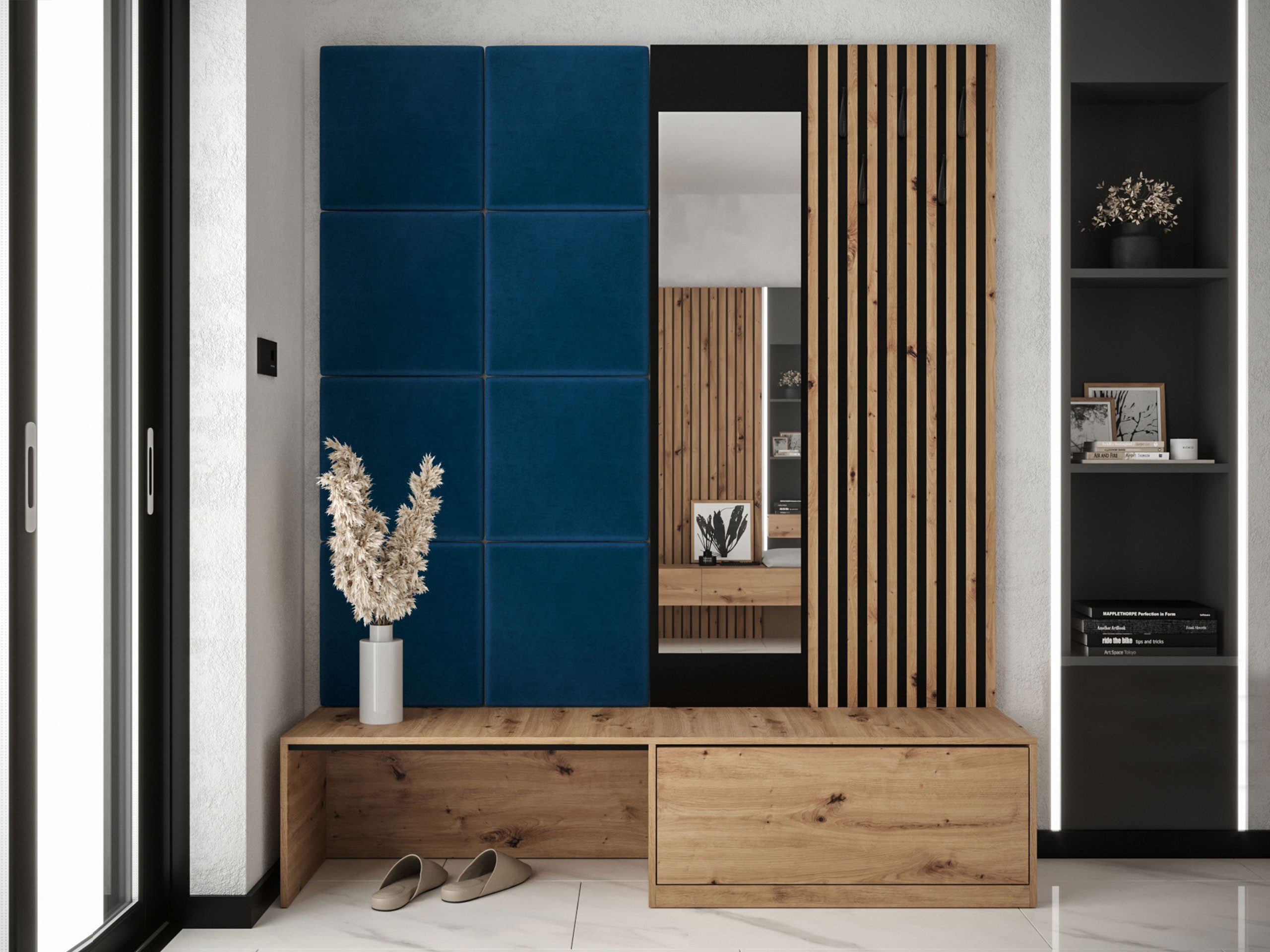 MIRJAN24 Garderoben-Set Premium, (Komplett-Set, Schuhschrank, Spiegel, Lamellen mit Kleiderhaken + Paneel 42x42), Griffloses Öffnungssystem