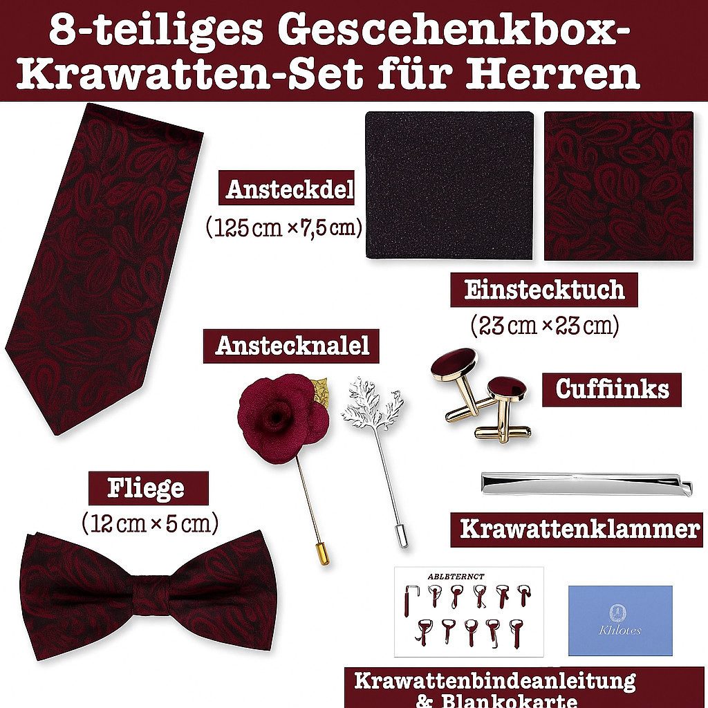 Diyarts Krawatte Hochzeitskrawatte (Fliegen Set mit, Einstecktuch, Manschettenköpfe, Krawattennadel, Boutonniere) Hochwertige Materialien, Vielseitigkeit & Ideales Geschenk