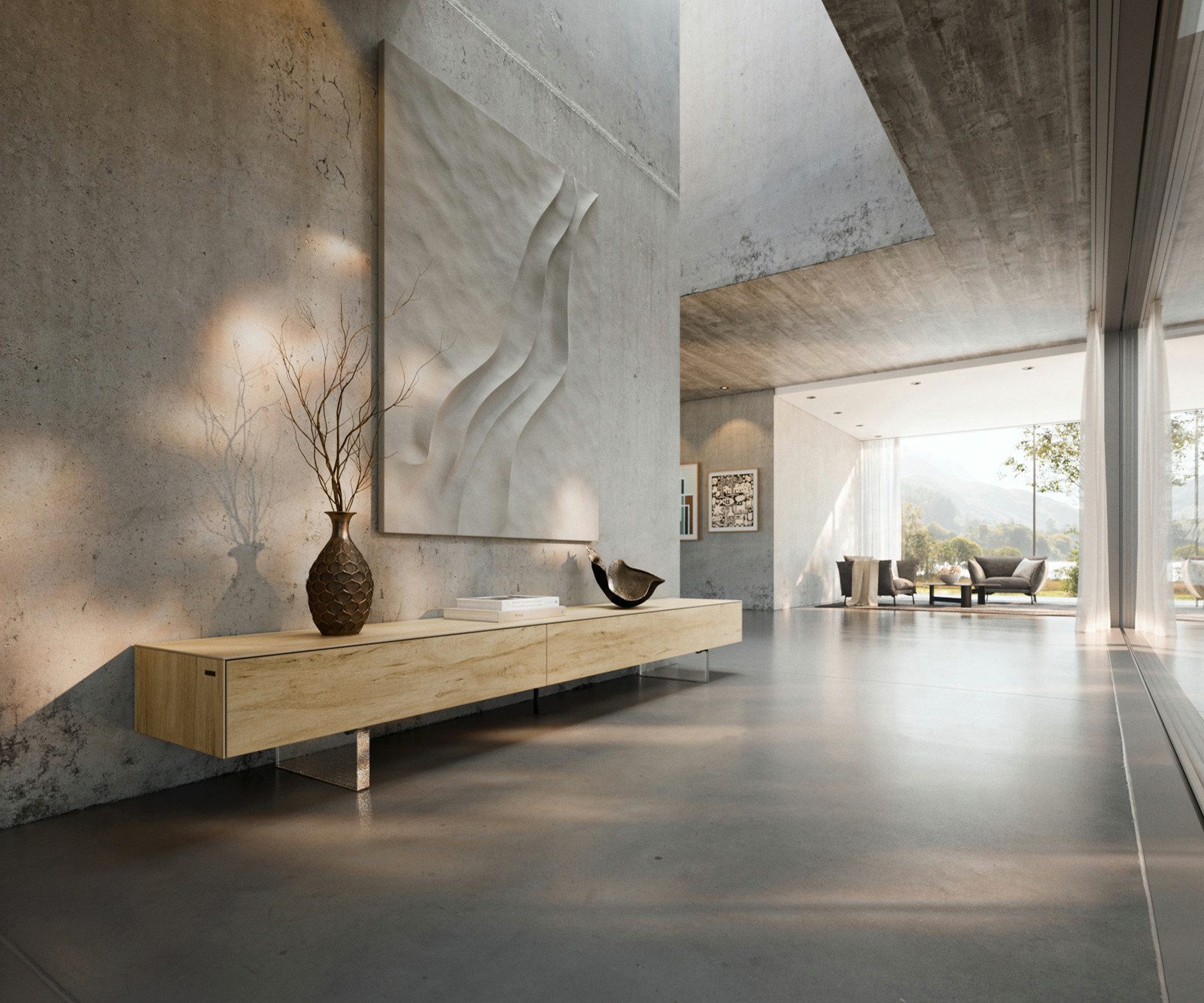 DELIFE Lowboard Cuor, Keramik Laminam® Sabbia Eichefarbig 250 cm 1 Klappe 1 Schubfach Fuß Sc