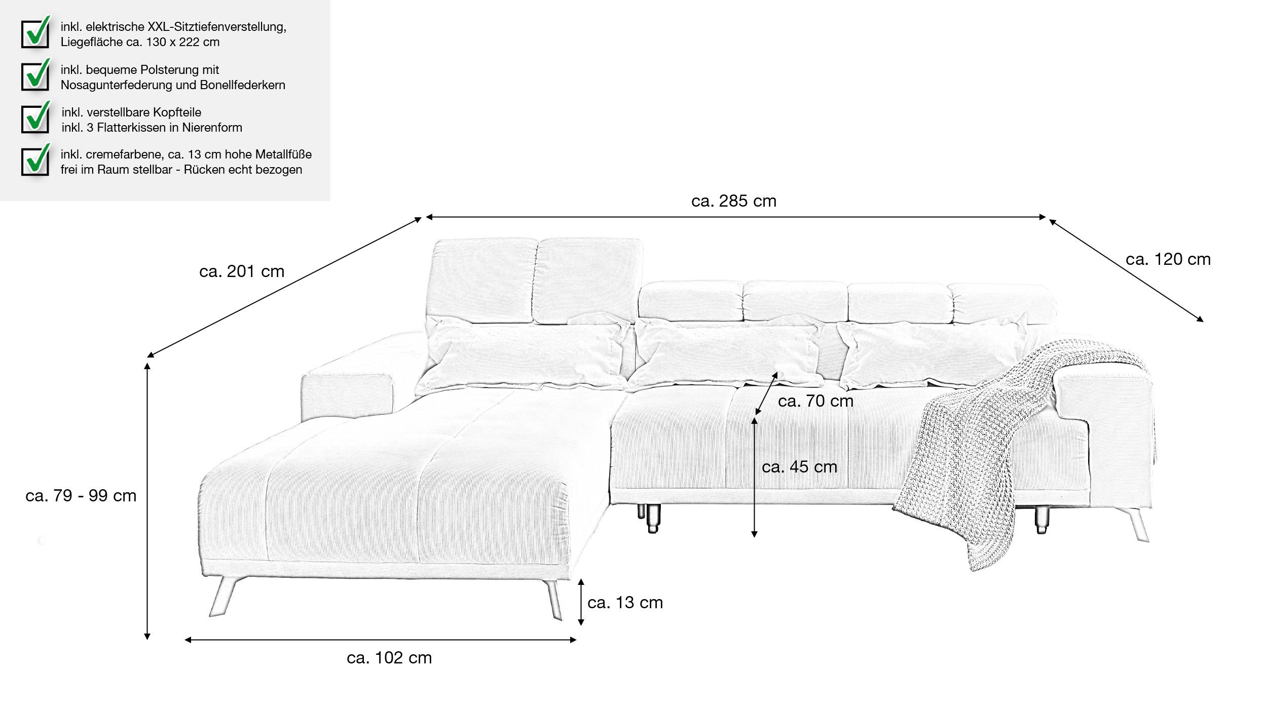 Massivart® Ecksofa Cord Creme ausziehbar 285 cm / elektrisch verstellbar / günstig online kaufen