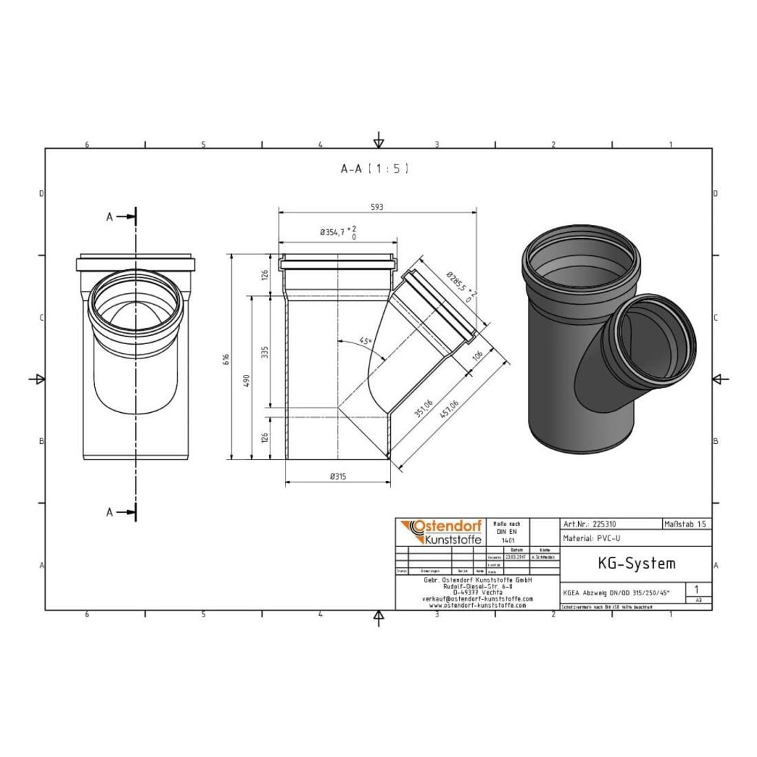 KLASEBO® KG-Rohr KGEA Abzweig DN/OD 315/250 45 Grad