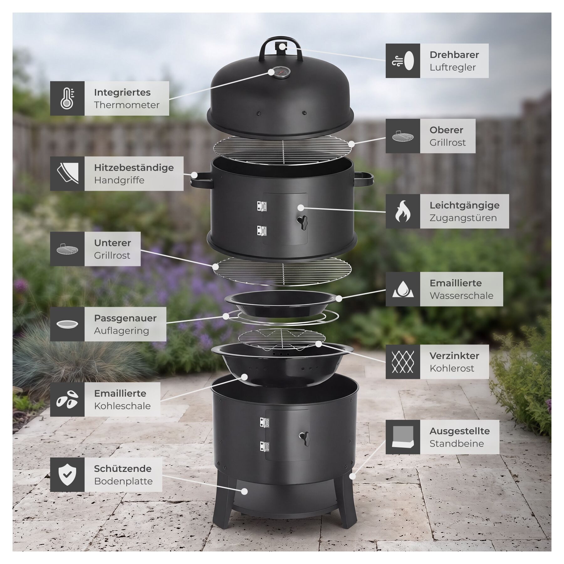 tectake Holzkohlegrill Smokerfass 3in1 mit 2 Rosten, Fasssmoker, in Schwarz, Inkl. Kohlerost, Ascheschale und Wasserschale für vielseitige Nutzung – Bild 4 von 5