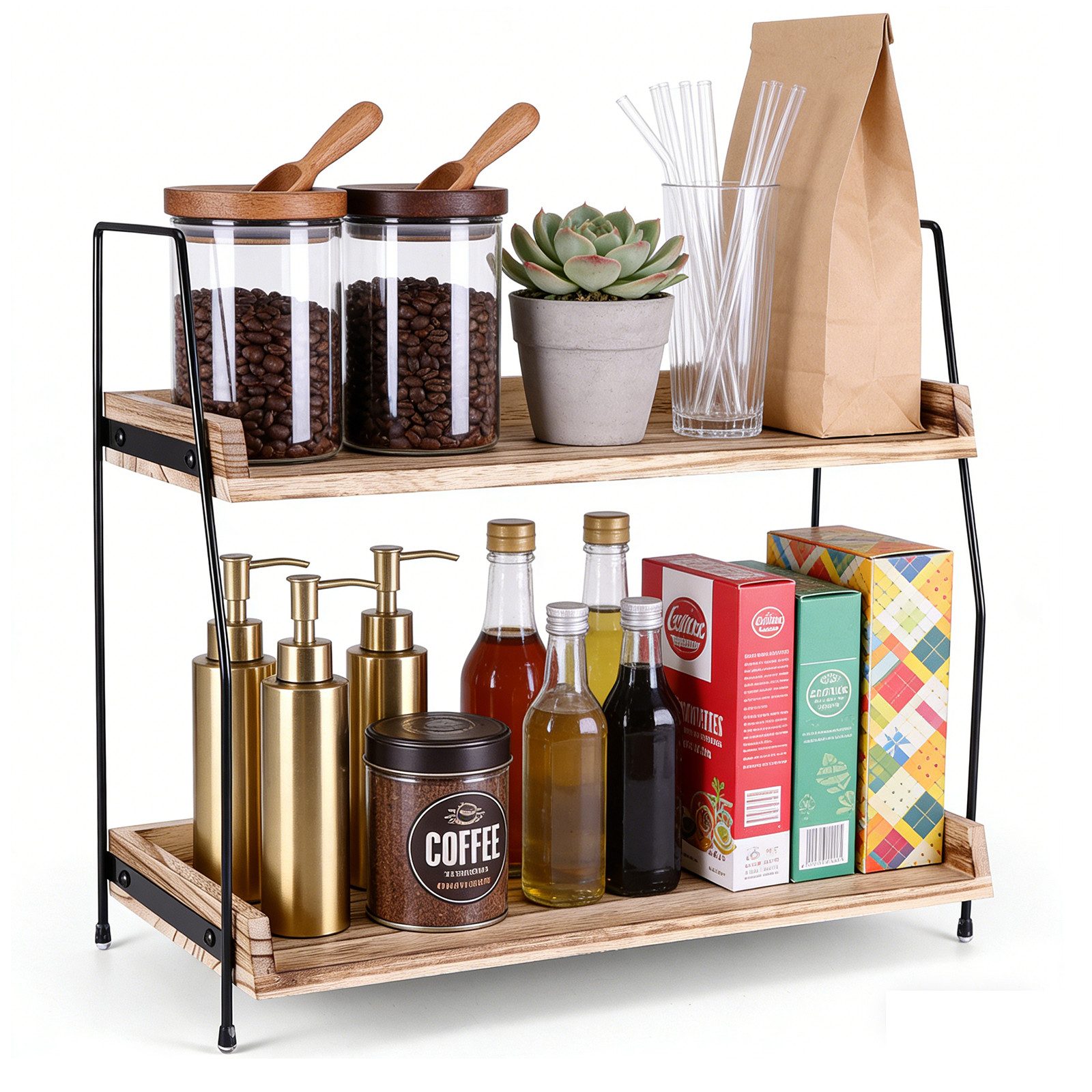 BlingBin Küchenregal 2-stufiges Gewürzregal aus Holz & Metall, Organizer-Regal, 38×19×38 cm, 1er Set 1-tlg., Stehend Gewürzständer mit Arbeitsplatte für Küche, Zuhause, Büro