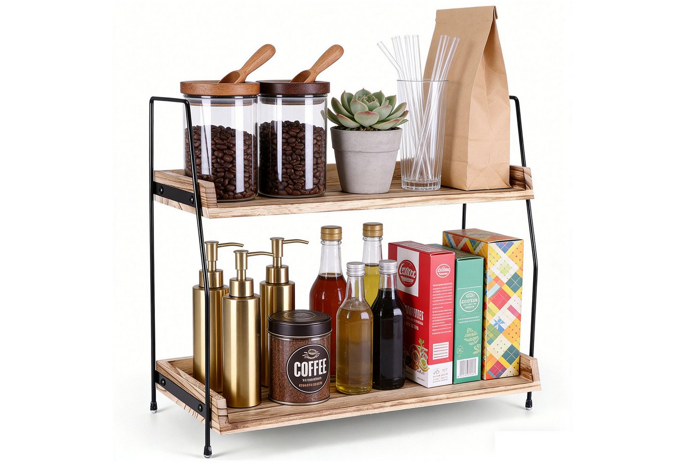 BlingBin Küchenregal 38×19×38 cm Gewürzregal aus Holz & Metall, 2 Etage Organizer-Regal, 1er Set 1-tlg., Stehend Gewürzständer mit Arbeitsplatte für Küche, Zuhause, Büro