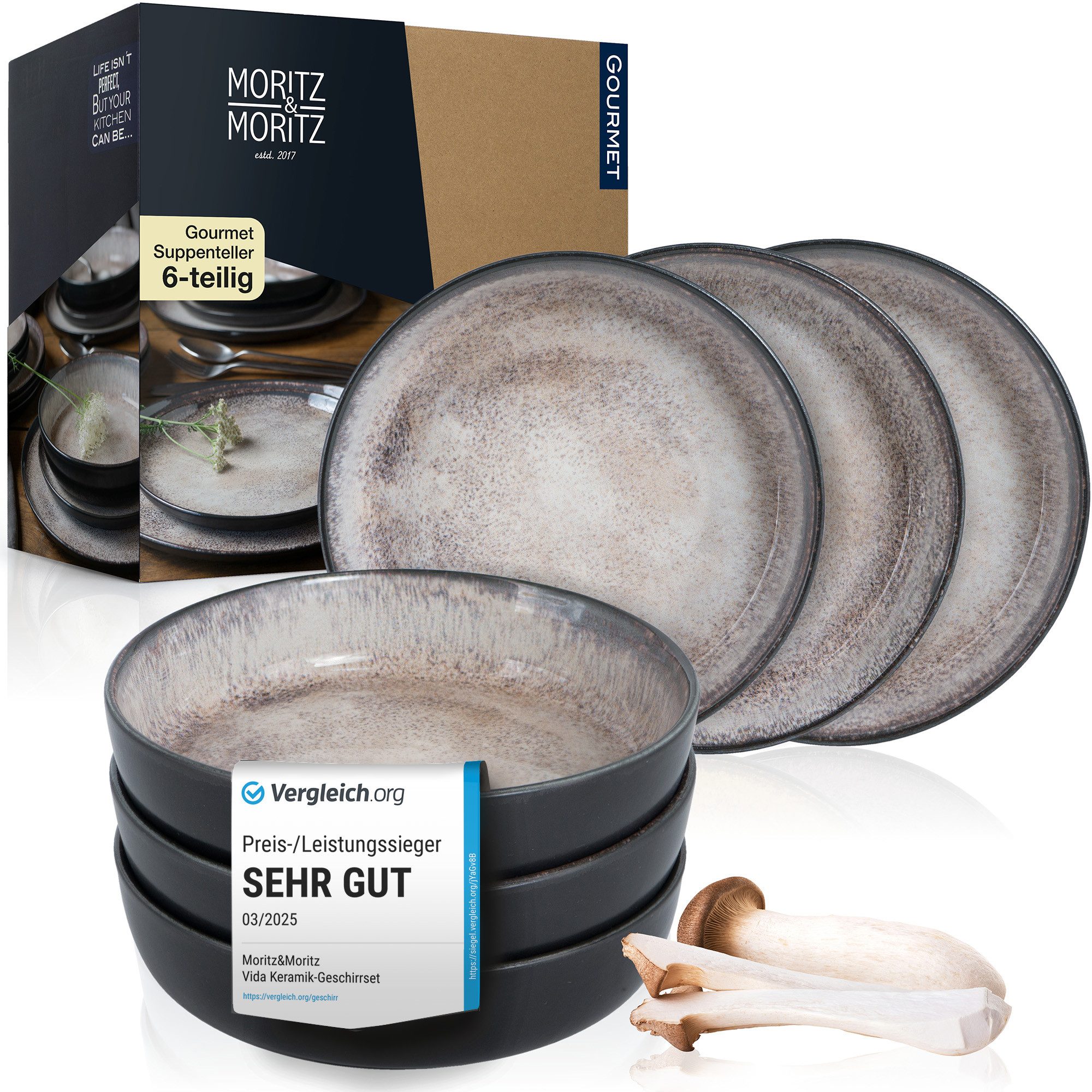 Moritz & Moritz Tafelservice VIDA Suppenteller für 6 Personen Beige (6-tlg), 6 Personen, Porzellan, Bowl Schüssel für 6 Personen