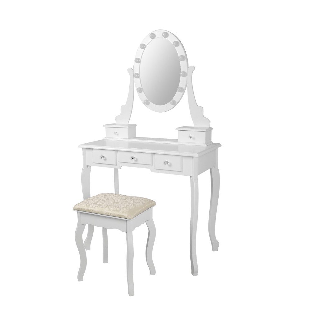ML-DESIGN Schminktisch Kosmetiktisch mit Spiegel und Hocker aus MDF Holz Make-up Tisch, Tisch 80x129x40 cm Weiß mit LED-Beleuchtung und 5 Schubladen
