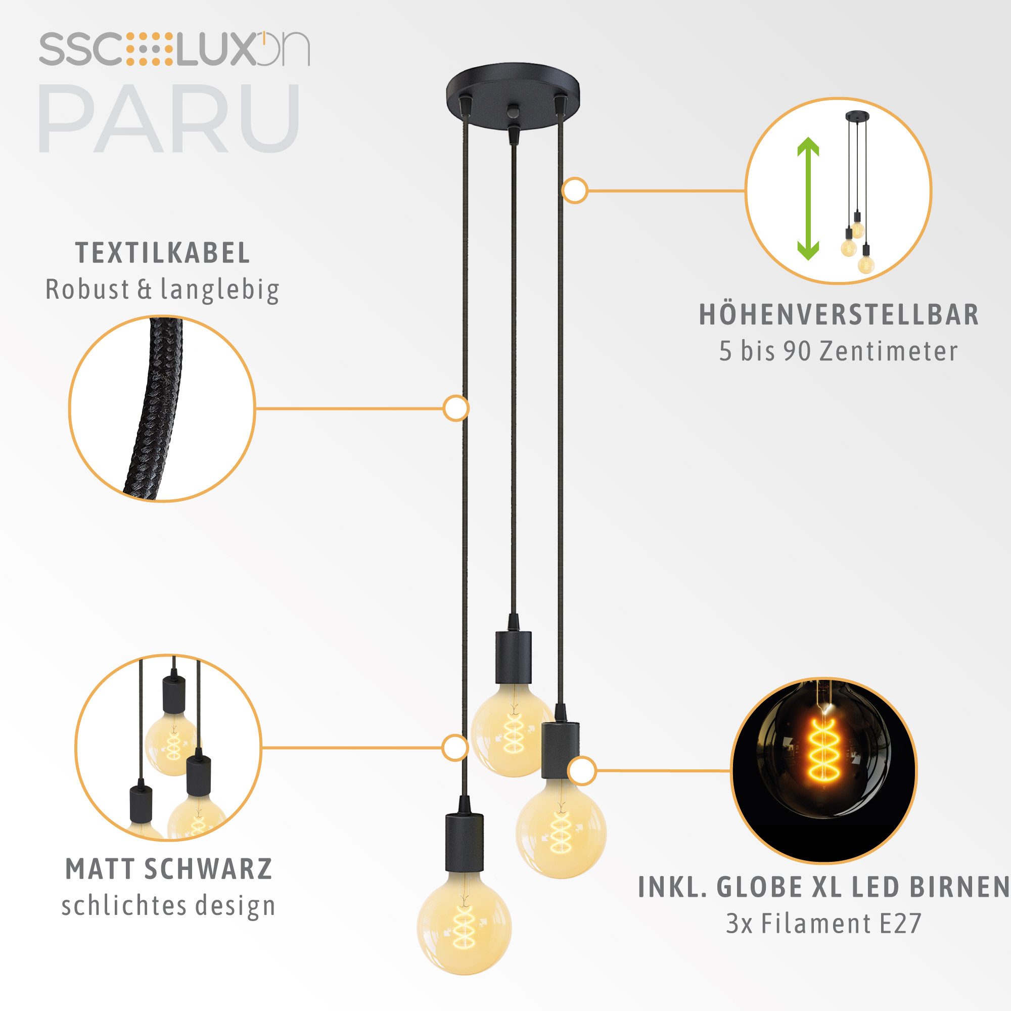 SSC-LUXon LED-Hängeleuchte PARU Pendelleuchte 3er mit E27 GlobeXL LED extra warmweiß 3W, Extra Warmweiß