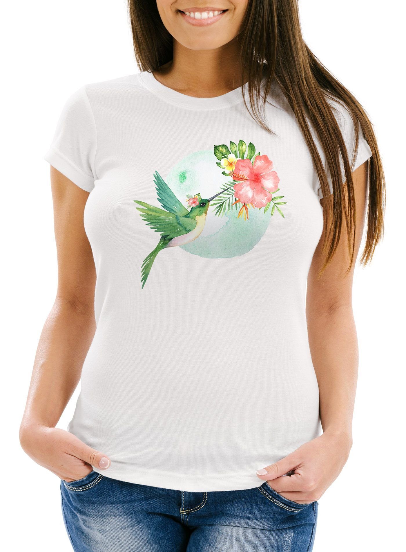 Neverless Print-Shirt Damen T-Shirt Kolibri Vogel Tropical Summer Jungle  Paradise Hummingbird Slim Fit tailliert Baumwolle Neverless® mit Print