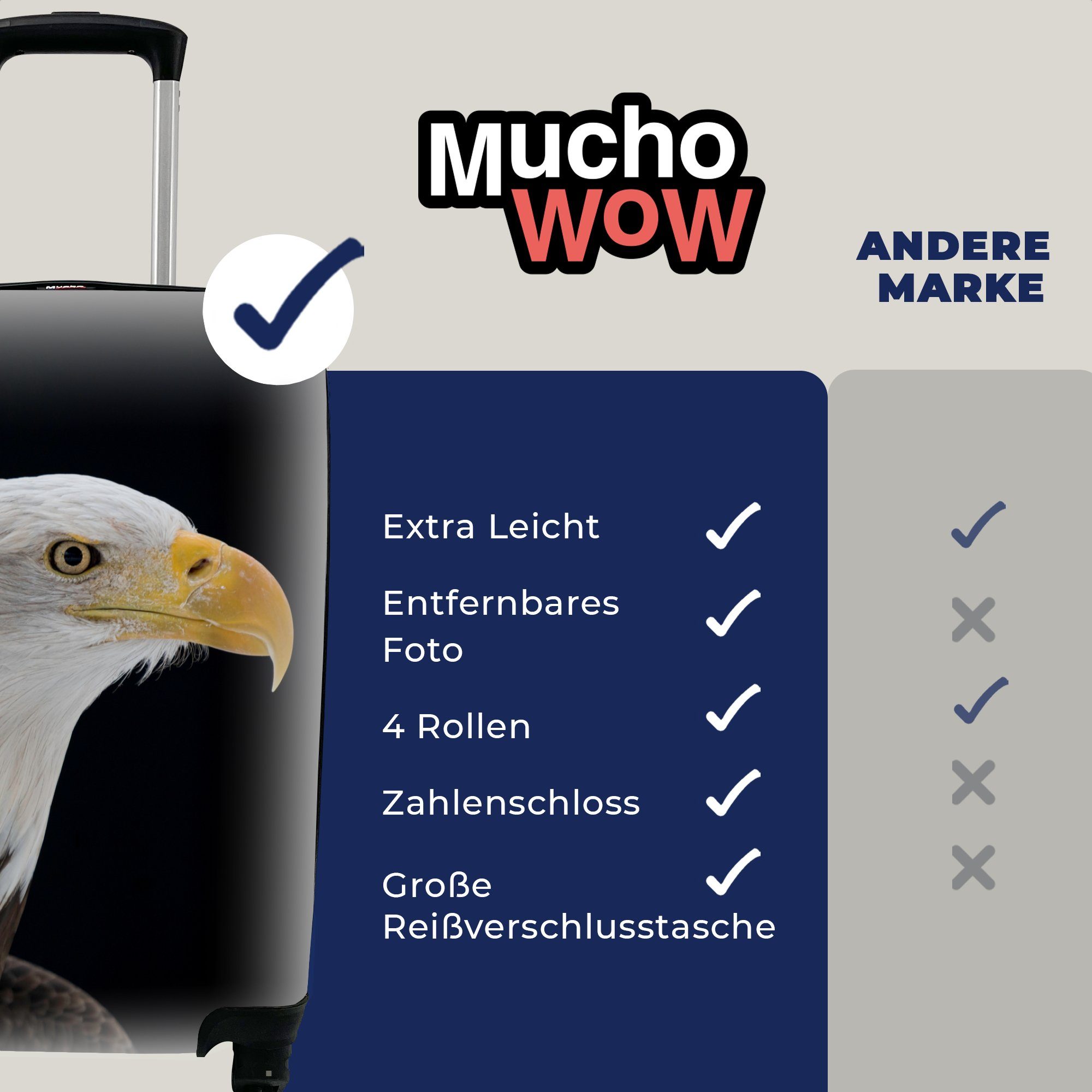 Reisetasche Reisekoffer - Adler 4 Trolley, rollen, mit MuchoWow Schwarz, für - Ferien, Vogel Handgepäckkoffer Schnabel Handgepäck Rollen, -