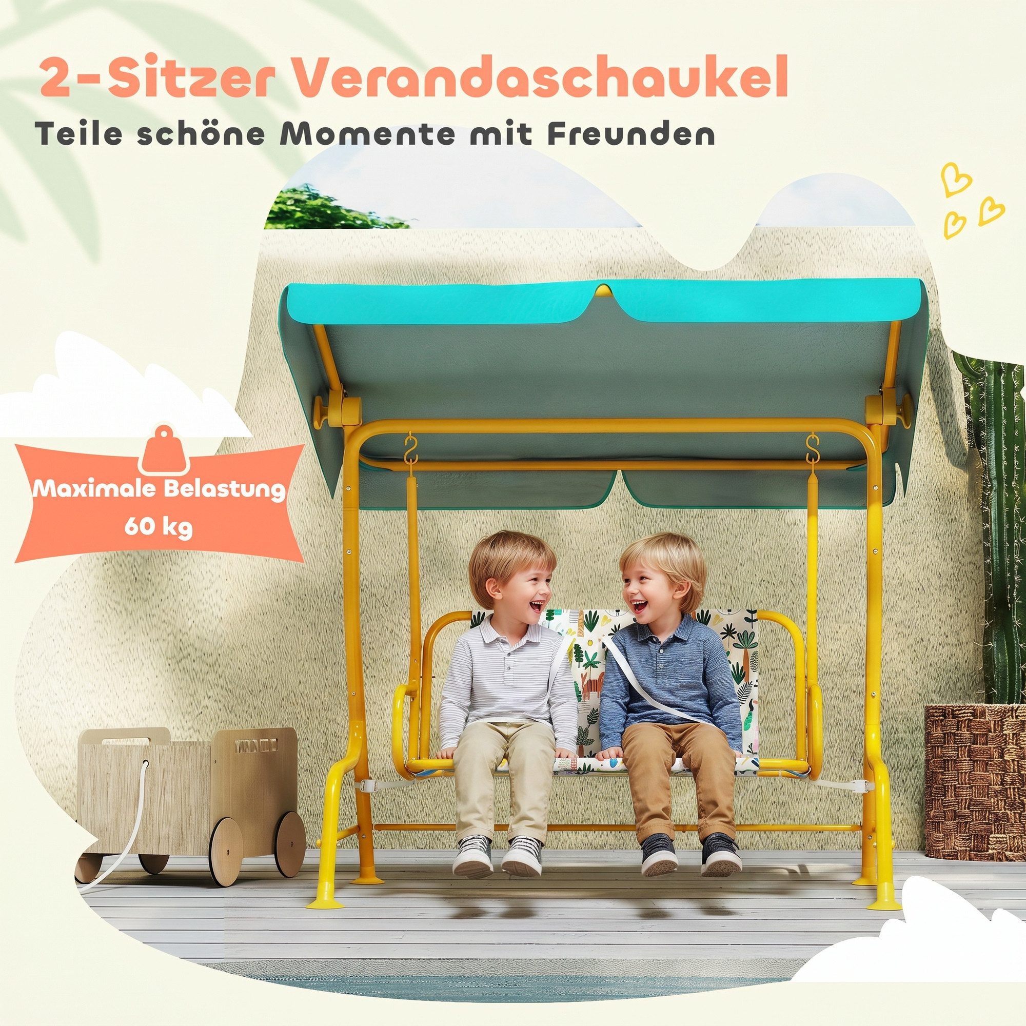 AIYAPLAY Hollywoodschaukel Kinderschaukel Gartenschaukel, Sicherheitsgurt, bis 60 kg, 2-Sitzer, Schaukelfunktion, Gartenschaukel, 1 tlg., 2-Sitzer Kinderschauke – Bild 5 von 5