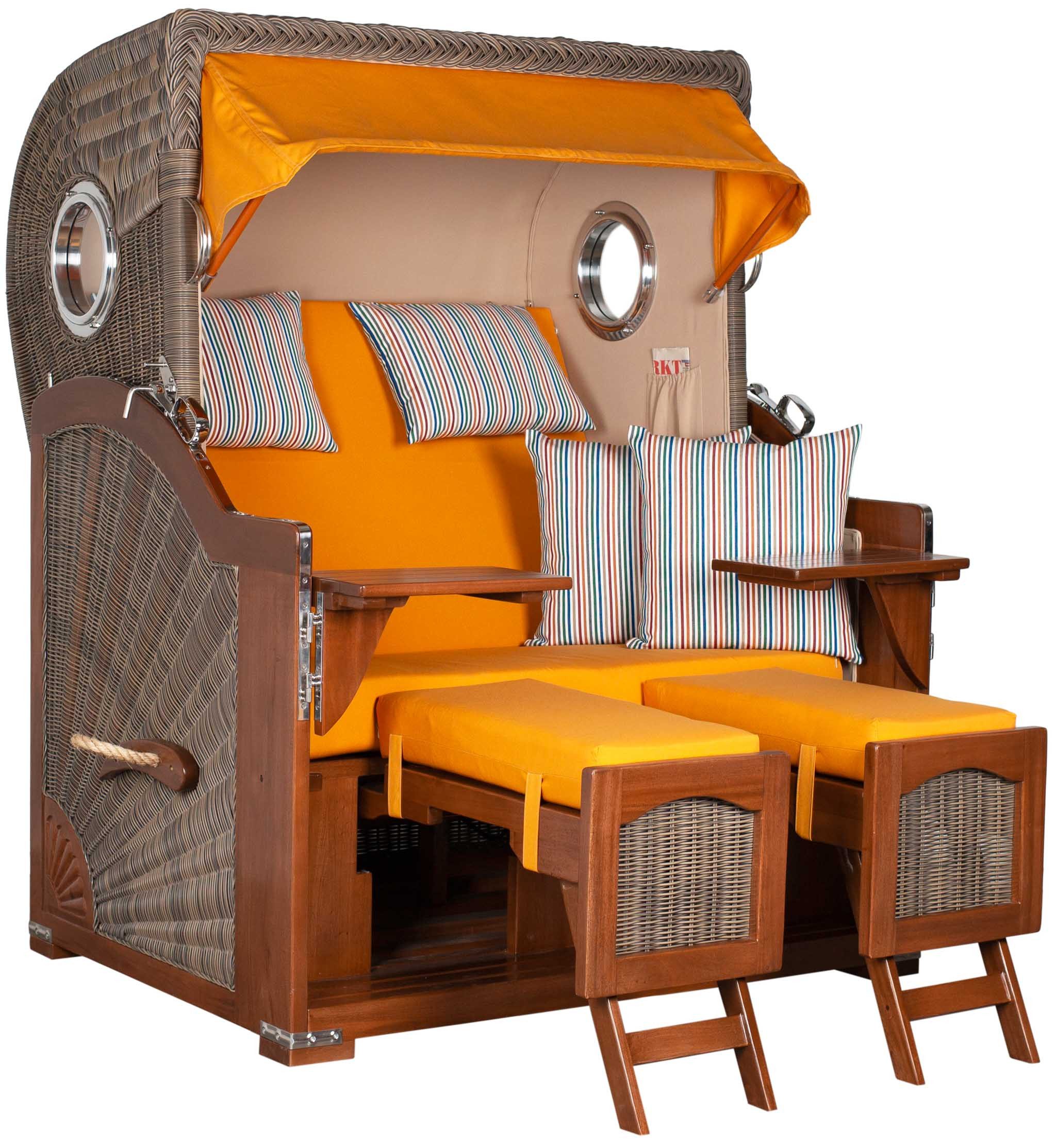 MR.DEKO Strandkorb 2-Sitzer Düne Bullauge Vollholz PE-Geflecht grau 125x170x80, BxTxH: 125x80x170 cm, 2-Sitzer Strandkorb, Strandkorb Düne Bullauge, (Fertig montierter Strandkorb für Garten, Terrasse & Balkon), Wetterfester Volllieger mit Edelstahlbeschlägen & waschbaren Polstern