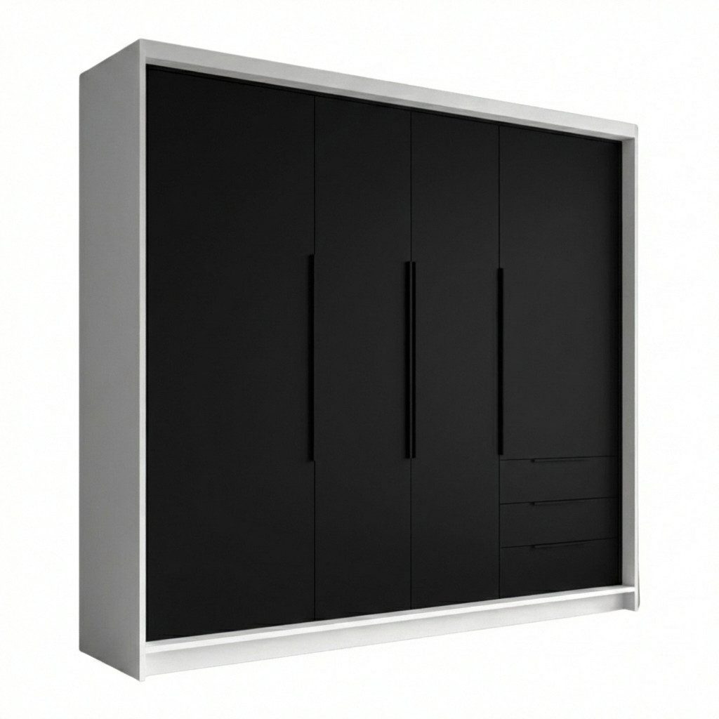 Drehtürenschrank viertüriger Kleiderschrank mit Schubladen und Metallgriffen.