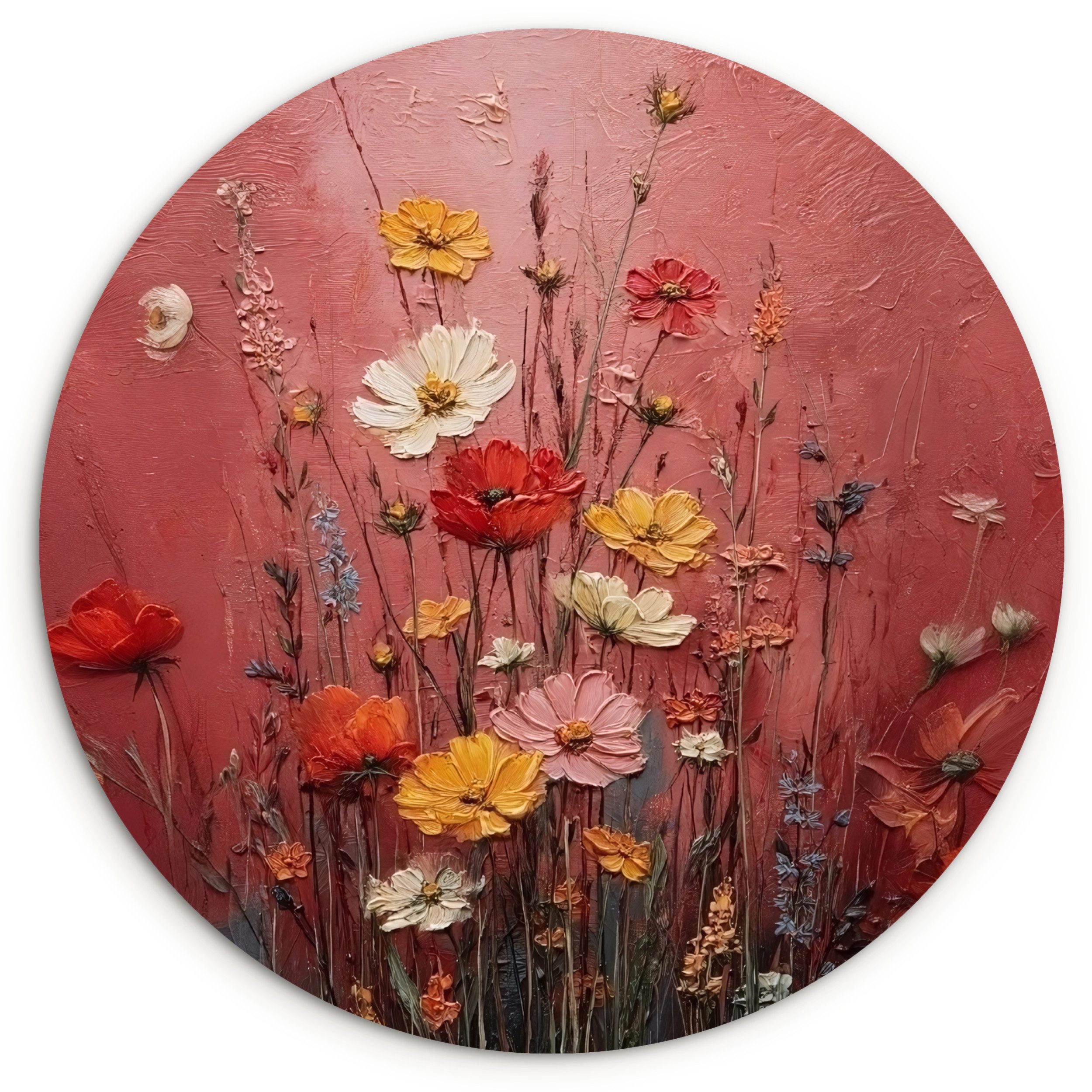 MuchoWow Gemälde Blumenbouquet - Tiefe - Spürbare Textur, Fotodruck (1 St), Kreis Wanddekoration, Rundes Wandbild, 30x30 cm