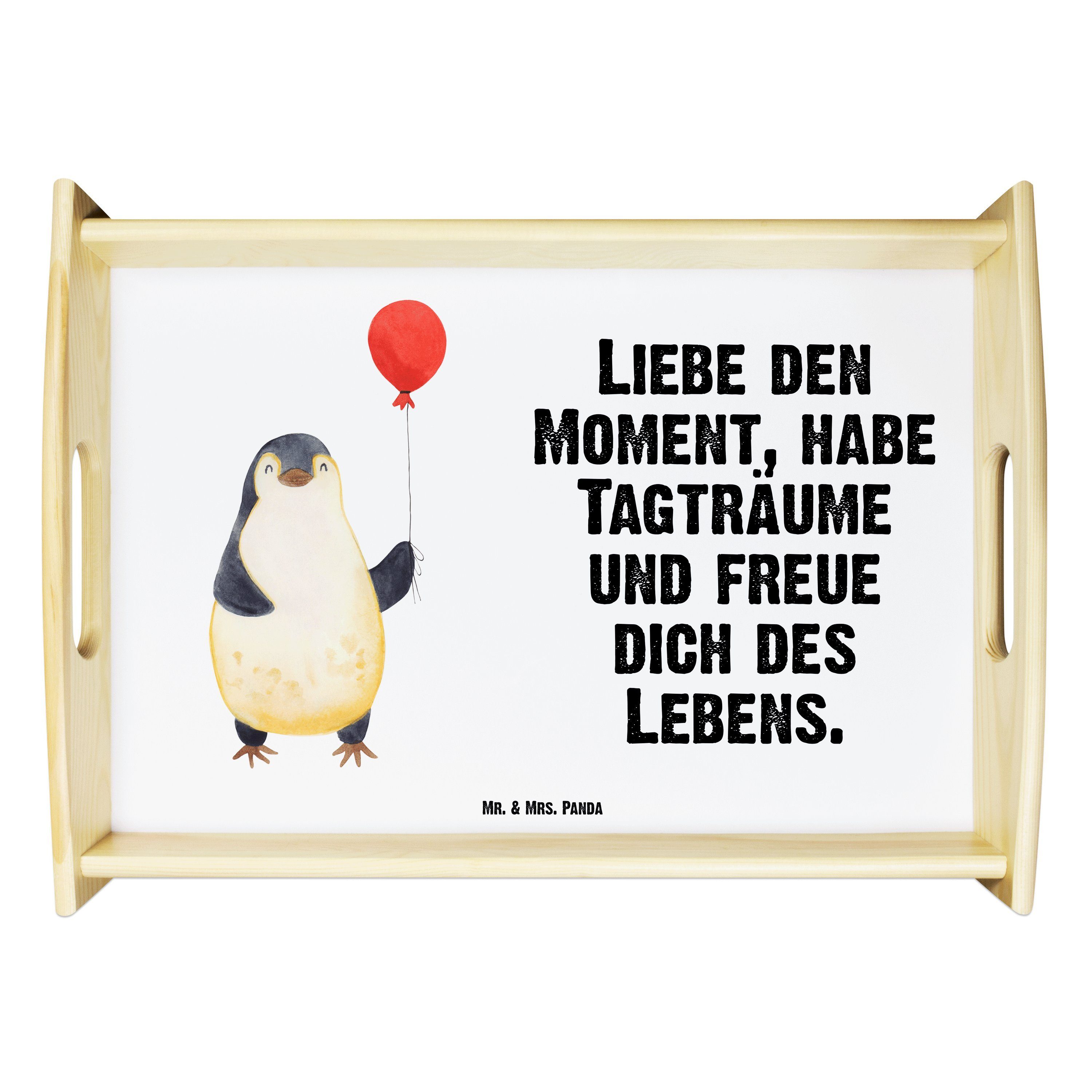 Mr. & Mrs. Panda Tablett Pinguin Luftballon - Weiß - Geschenk, Dekotablett, Kirmes, Frühstücks, Echtholz lasiert, (1-tlg)