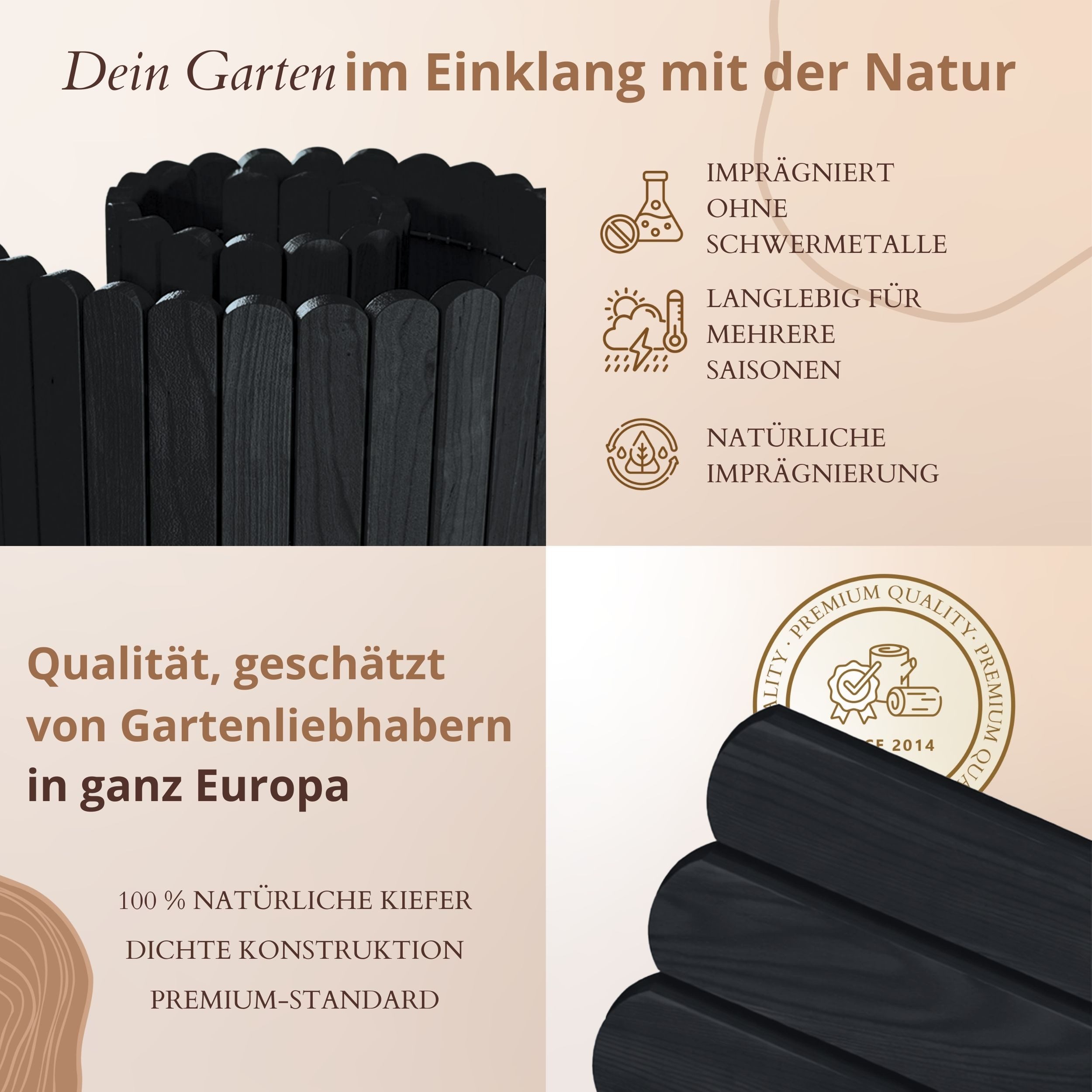 Floranica Palisade Beeteinfassung Beetumrandung Rasenkante Umrandung Flexibler Rollborder, LxH: 200x10 cm, Schwarz, Dekozaun Holzzaun Umzäunung Blumenbeeten Garten Beeten Kräutergarten