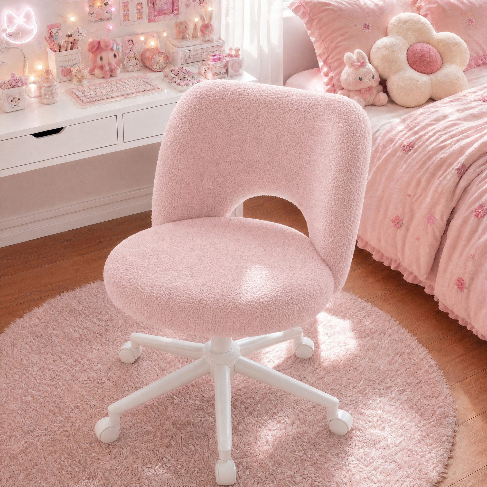 Klyvvo Drehstuhl mit Rollen, Atmungsaktive Kuschelige Teddyfell Schminkstuhl (1 St), höhenverstellbar, für Homeoffice, Büro, Zimmer