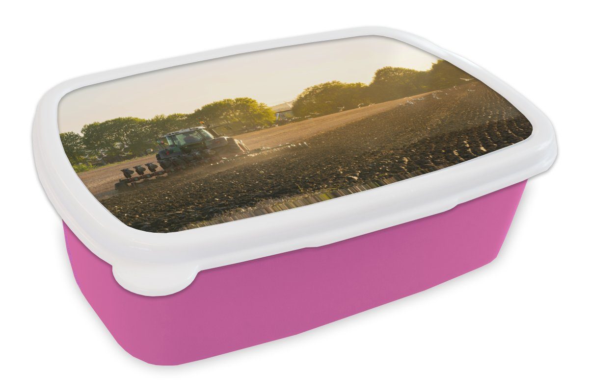 MuchoWow Lunchbox Traktor - Vogel - Land, Kunststoff, (2-tlg), Brotbox für Erwachsene, Brotdose Kinder, Snackbox, Mädchen, Kunststoff rosa