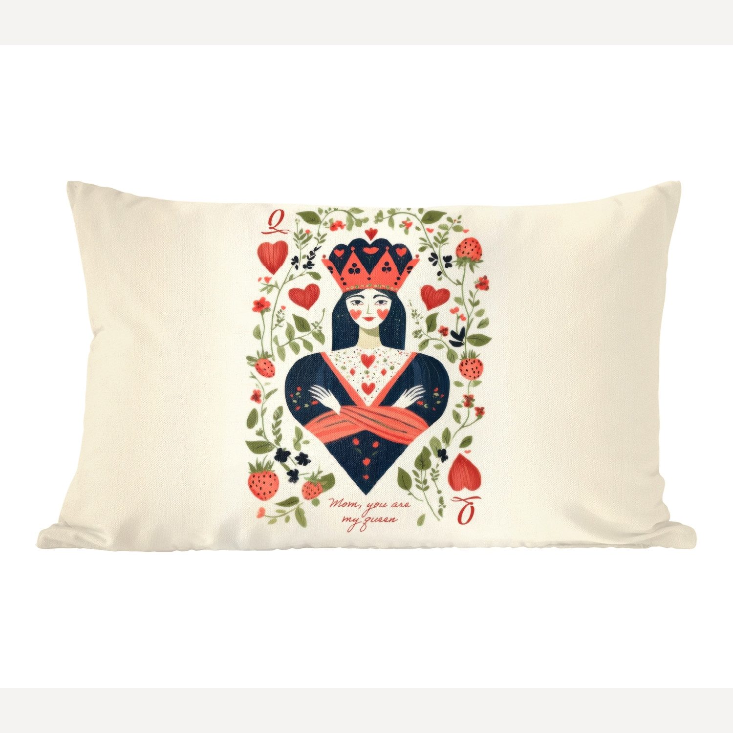 MuchoWow Dekokissen Spielkarte - Herzkönigin - Blumen - Herzen, Dekoration, Zierkissen, Kissen mit Füllung, 50x30 cm