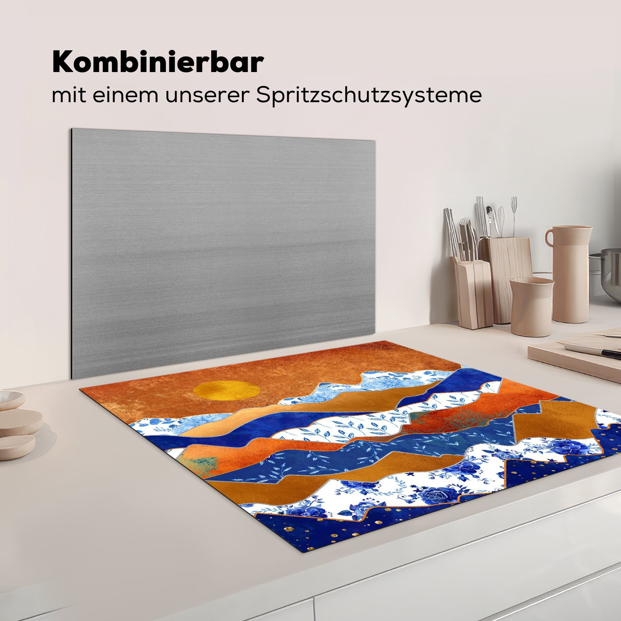 Ceranfeldabdeckung, (1 - - für Delfter küche Blau 78x78 Muster, Gold cm, tlg), MuchoWow Arbeitsplatte Vinyl, Herdblende-/Abdeckplatte