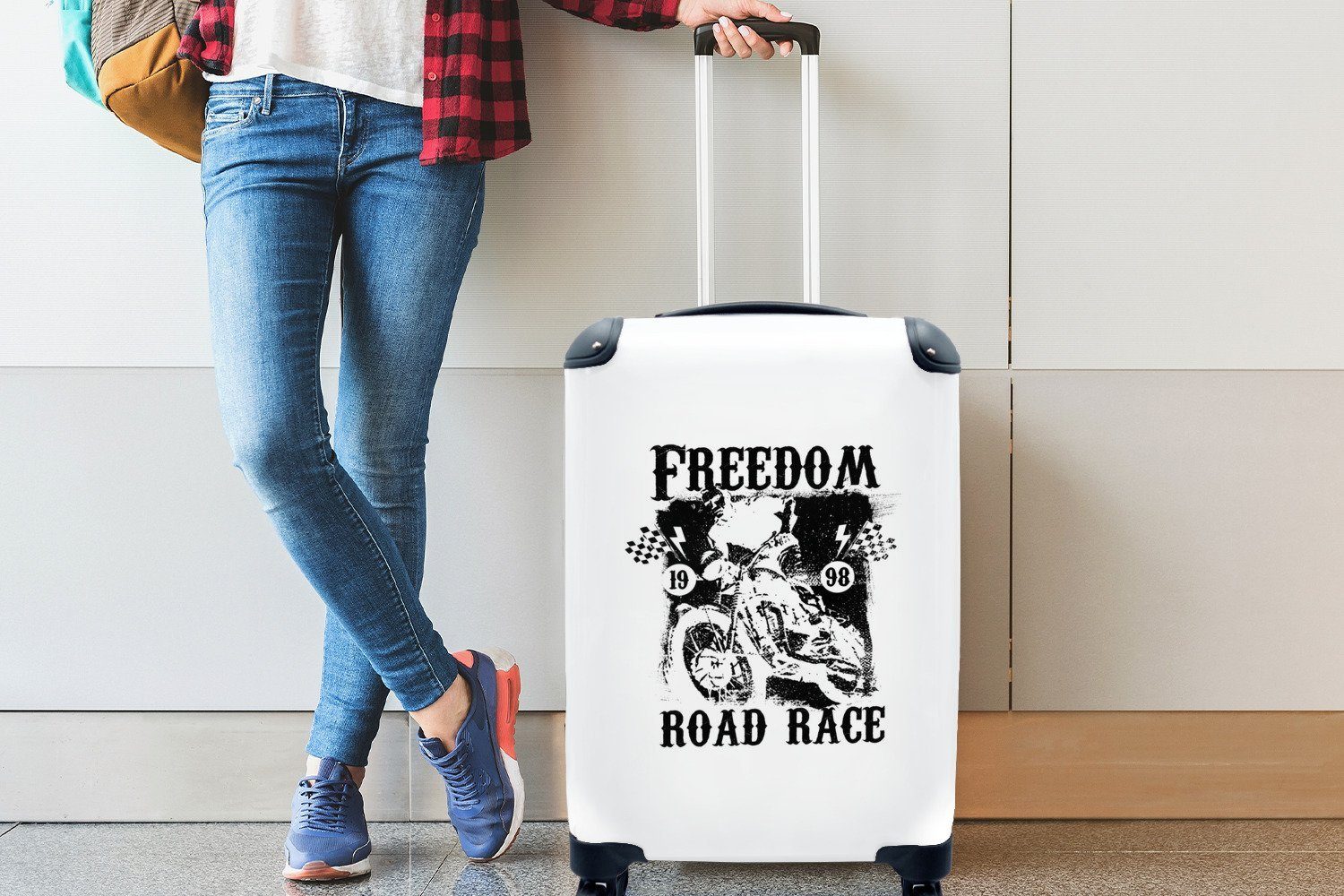 MuchoWow Handgepäckkoffer Zitat "Freedom road Motorrads Reisetasche für Handgepäck rage" eines Ferien, Rollen, mit Reisekoffer 4 Retro-Illustration in, Trolley, mit rollen