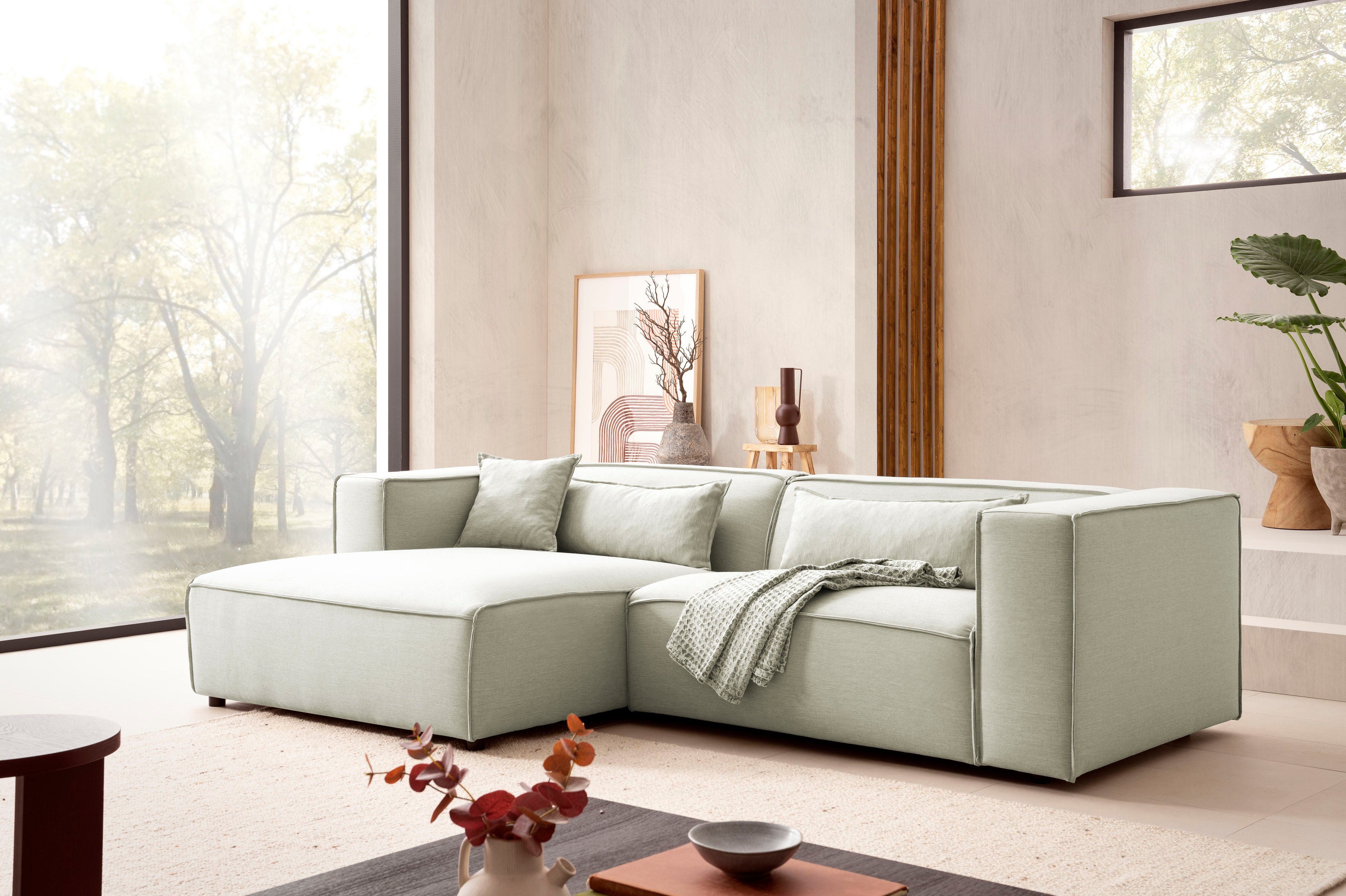 LeGer Home by Lena Gercke Ecksofa PIARA mit Kedernaht, Cord, Leinenoptik o. Strukturstoff, Couch, L-Form, wahlweise Ottomane rechts/links, schwarze Füße, bequemer Sitzkomfort