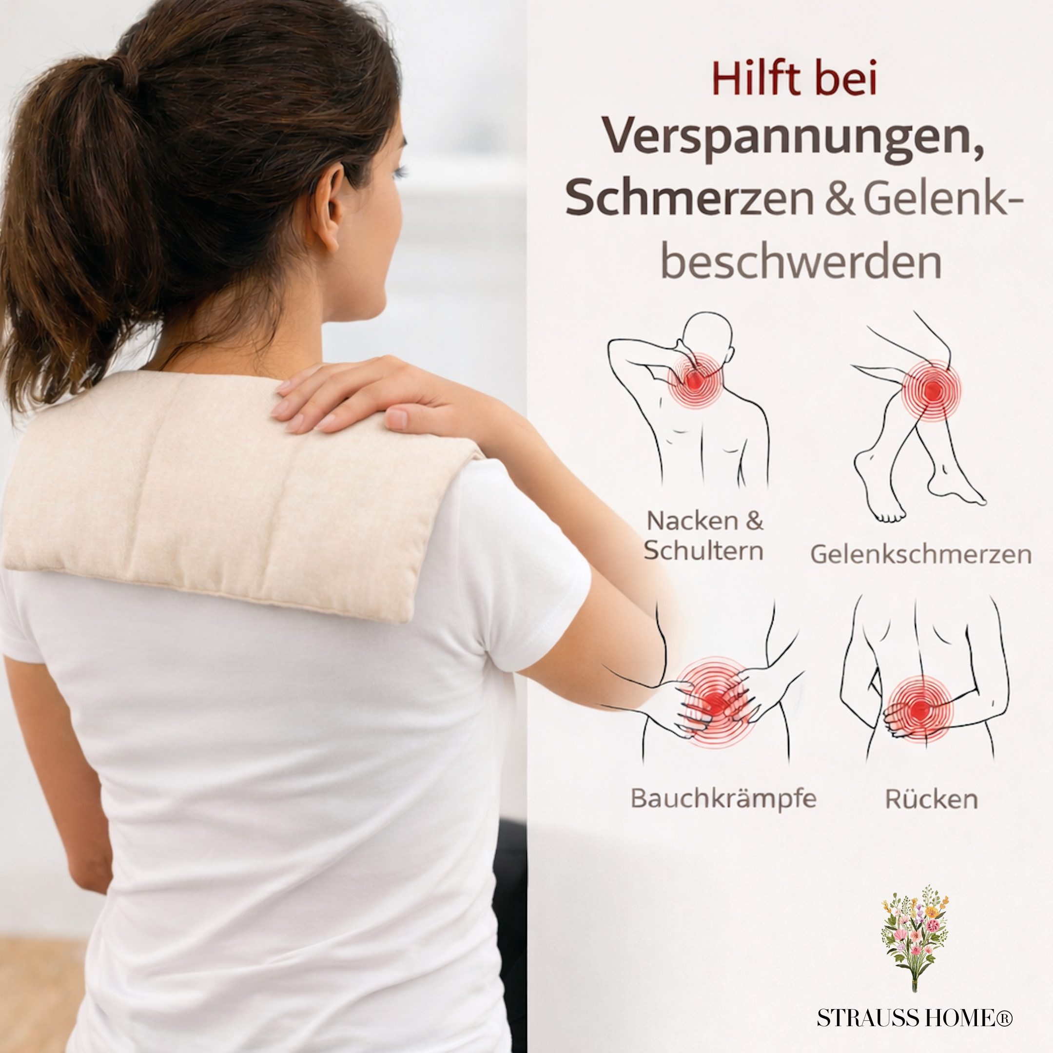 Strauss Home Wärmekissen Körnerkissen Groß– Mikrowellengeeignet natürliche Weizenkörner, (1-tlg), gegen Verspannungen im Nacken uvm. - Abnehmbarer Bezug