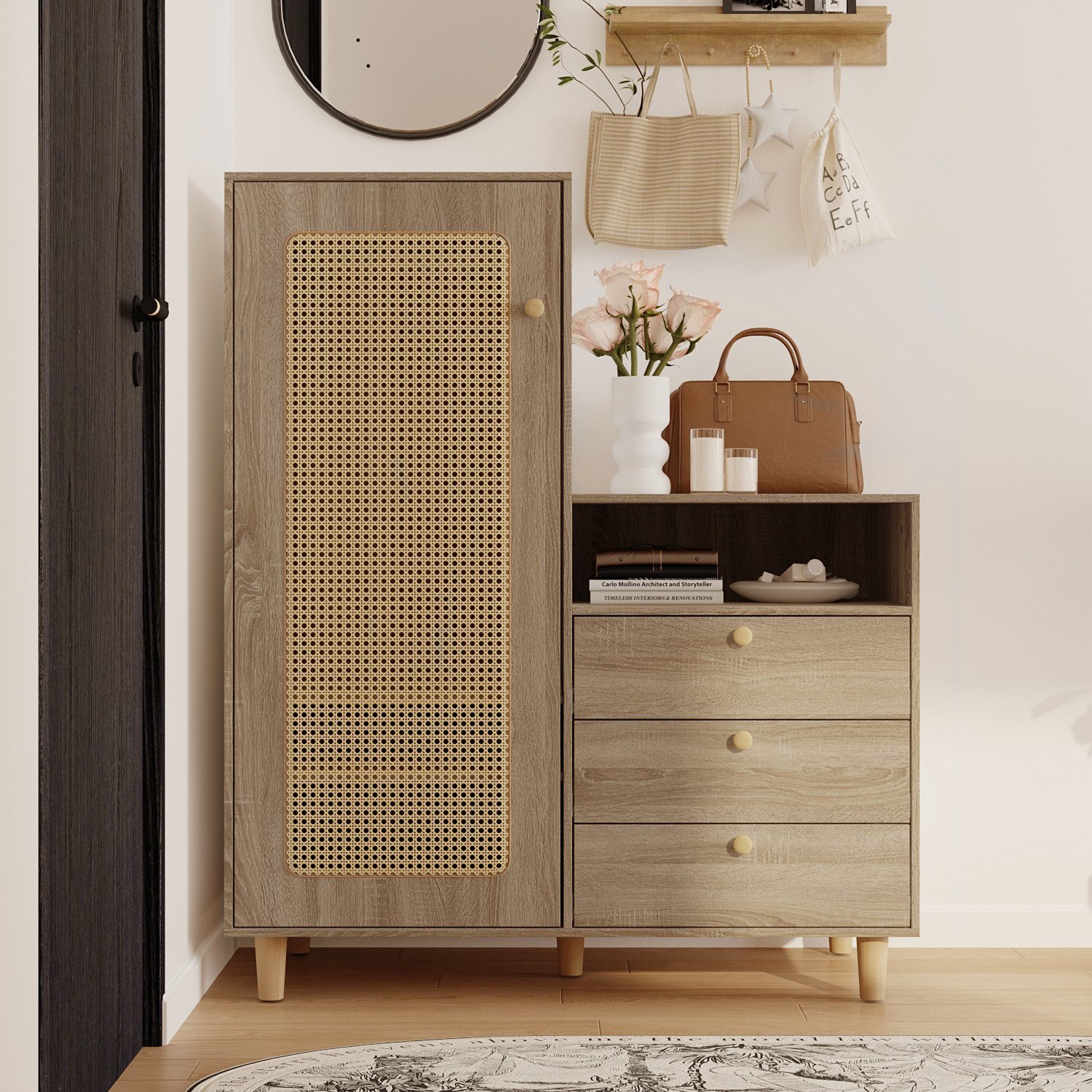 FUFU&GAGA Garderobenständer Garderobenschrank mit Rattantür, Beige, günstig online kaufen