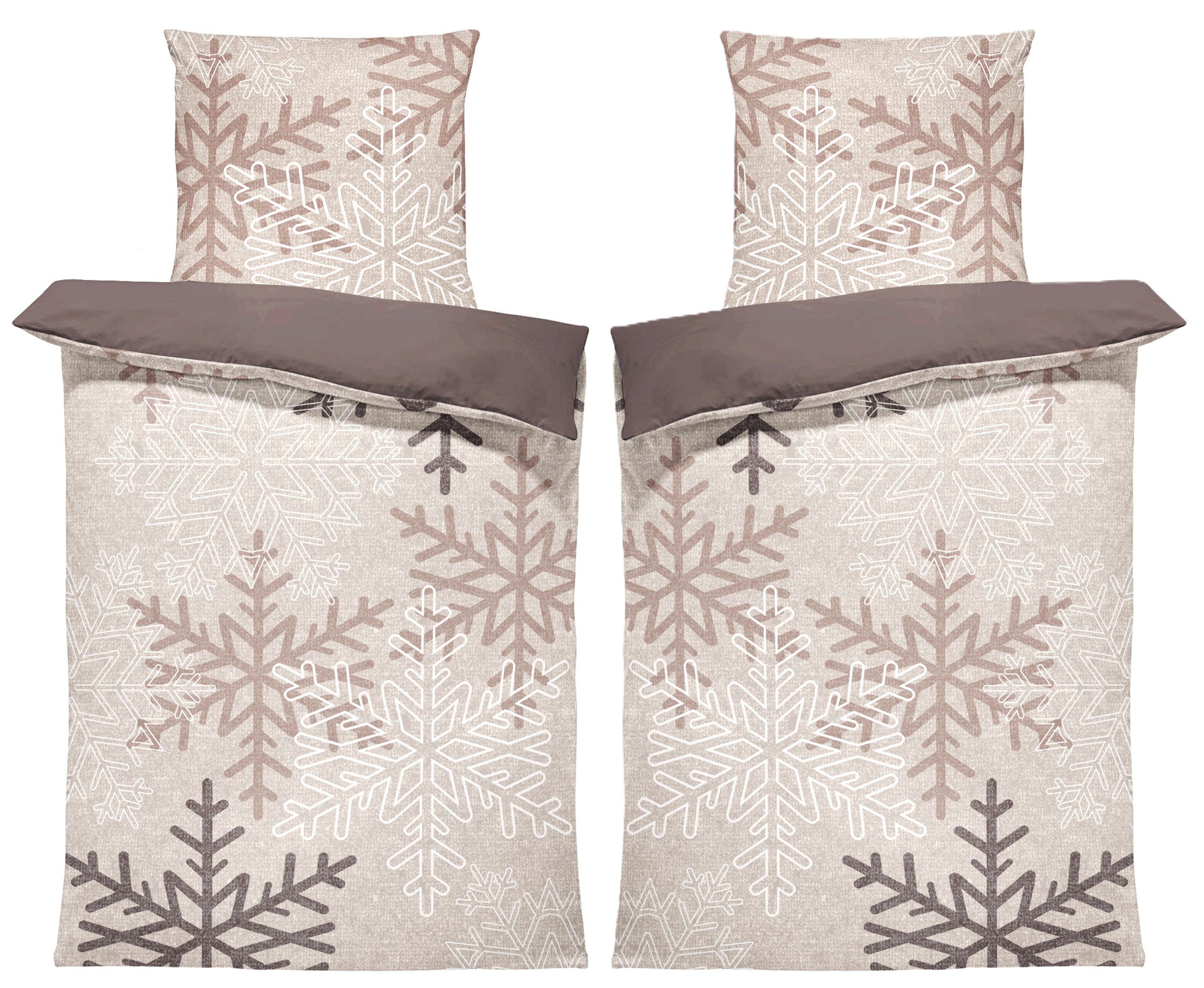 One Home Постельное белье Winter Snowflakes, Biber, 4 teilig, Kristalle und Schneeflocken, kuschelig flauschig warm weich Baumwolle