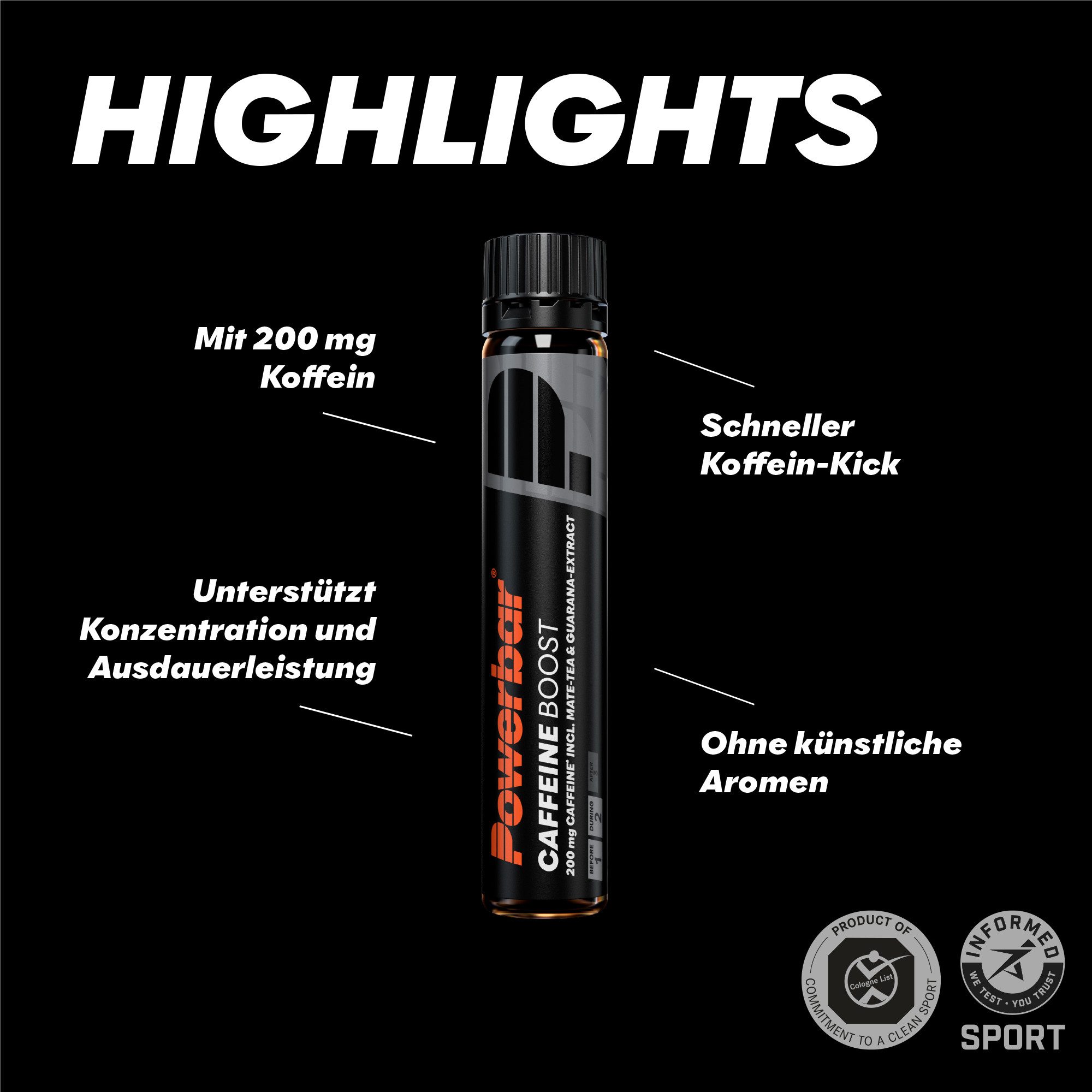 PowerBar Caffeine Boost Koffeinbooster Black Line 200 mg Koffeein 20 x 25 ml Shot, 25 er Display à 500 ml, 200mg Koffein/Ampulle
