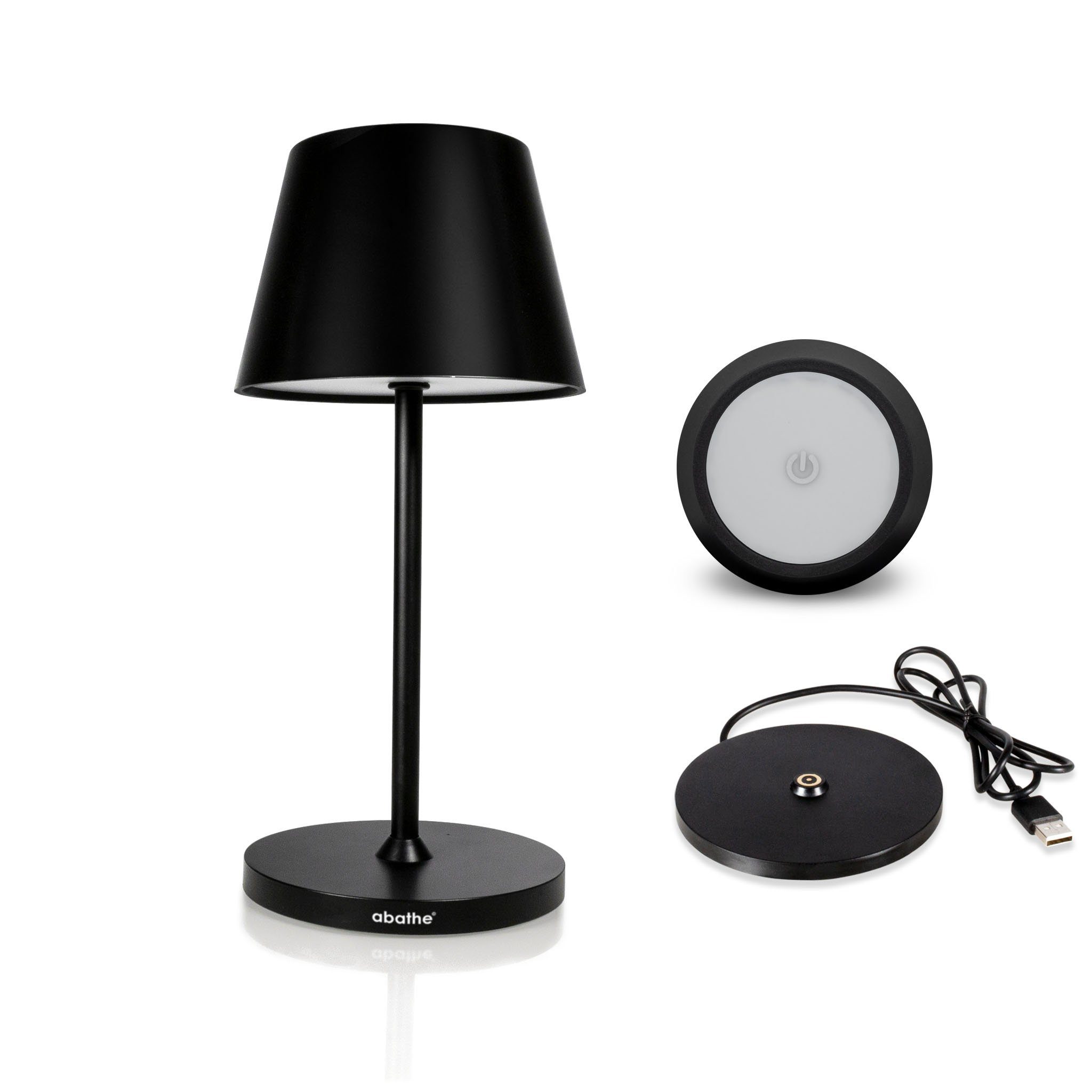 abathe USB-Tischleuchte abathe LED Akku Tischleuchte round mit Ladestation, dimmbar, aufladbar, sichtfreie Höhe von 25cm, IP54, Ladestation, 2700K